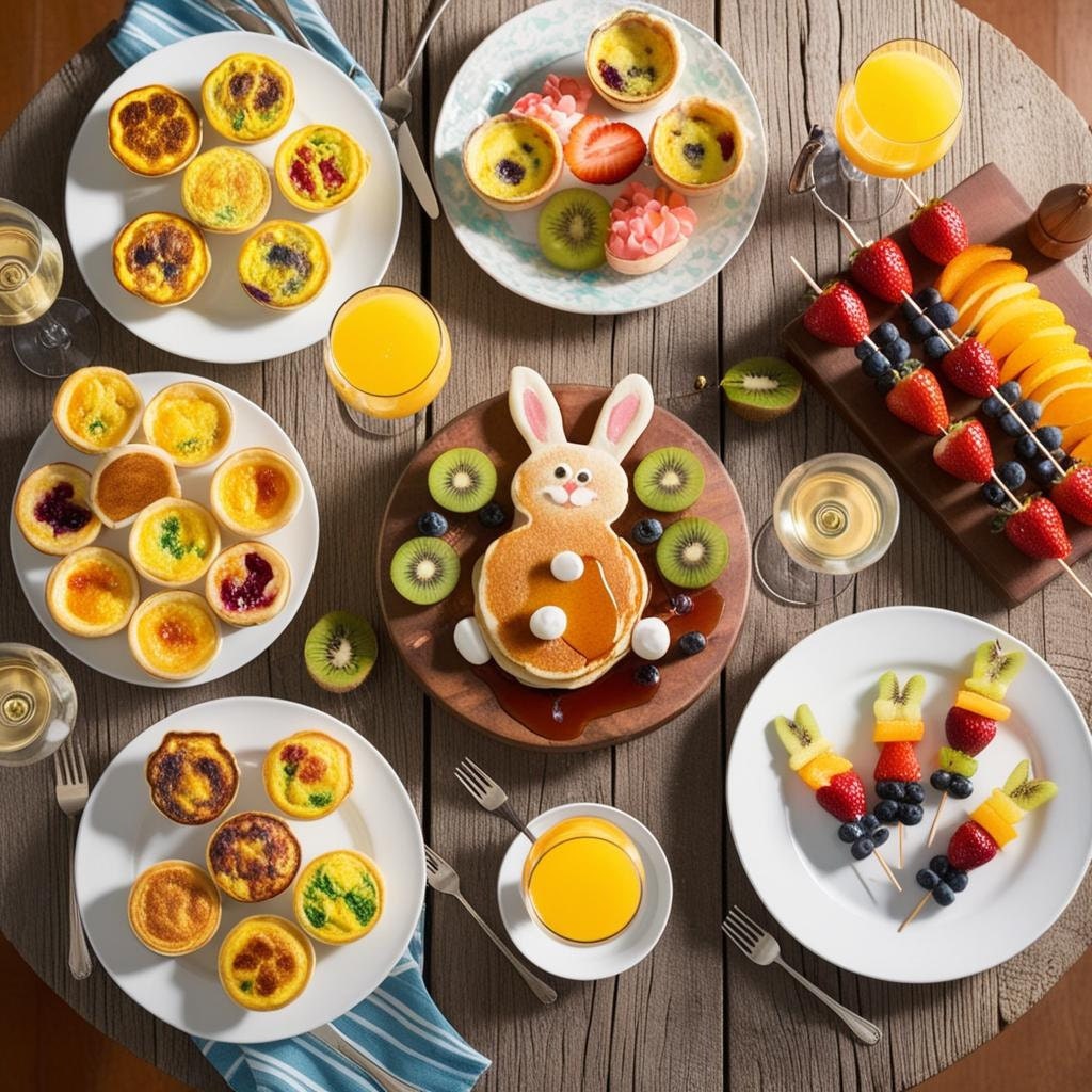 Overhead view of a delicious Easter brunch spread with mini quiches, bunny-shaped pancakes, fruit skewers, and a mimosa bar, perfect for a family-friendly spring celebration.