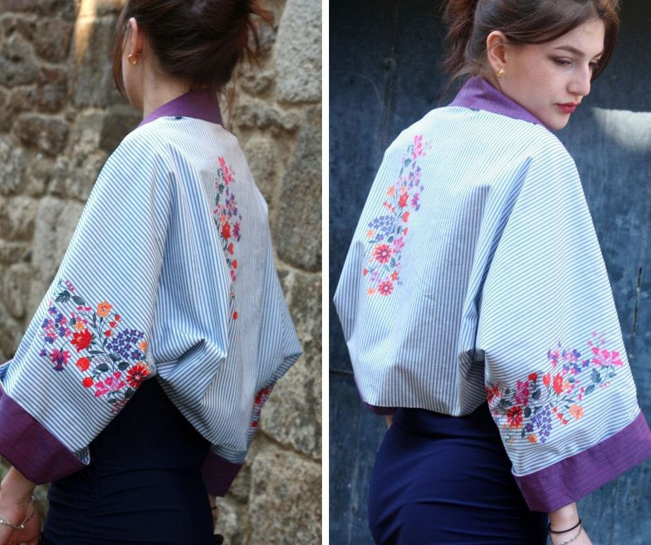 Boléro à fleurs et rayures .Frais et léger pour cet été