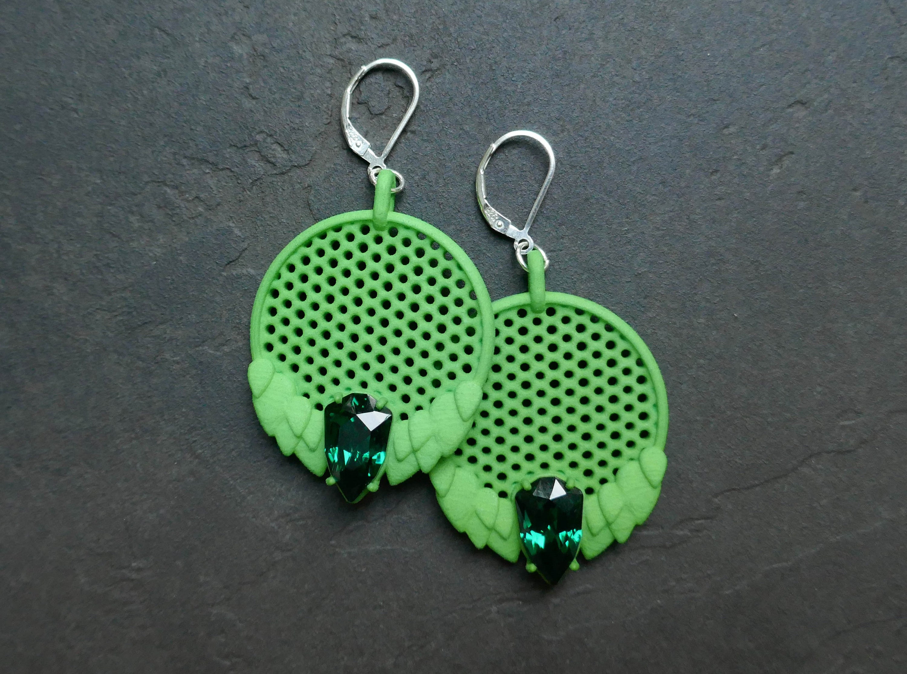 3D Printed Green Earrings with Swarovski Crystals