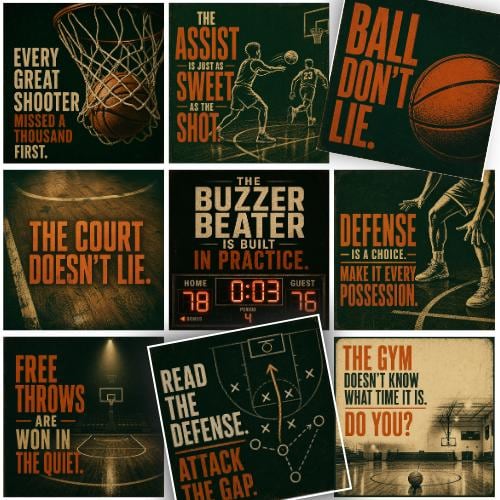 Vintage-style collage of nine basketball encouragement cards featuring hoops, players, a court, scoreboard and play diagram, with motivational messages about practice, teamwork, defense and confidence.