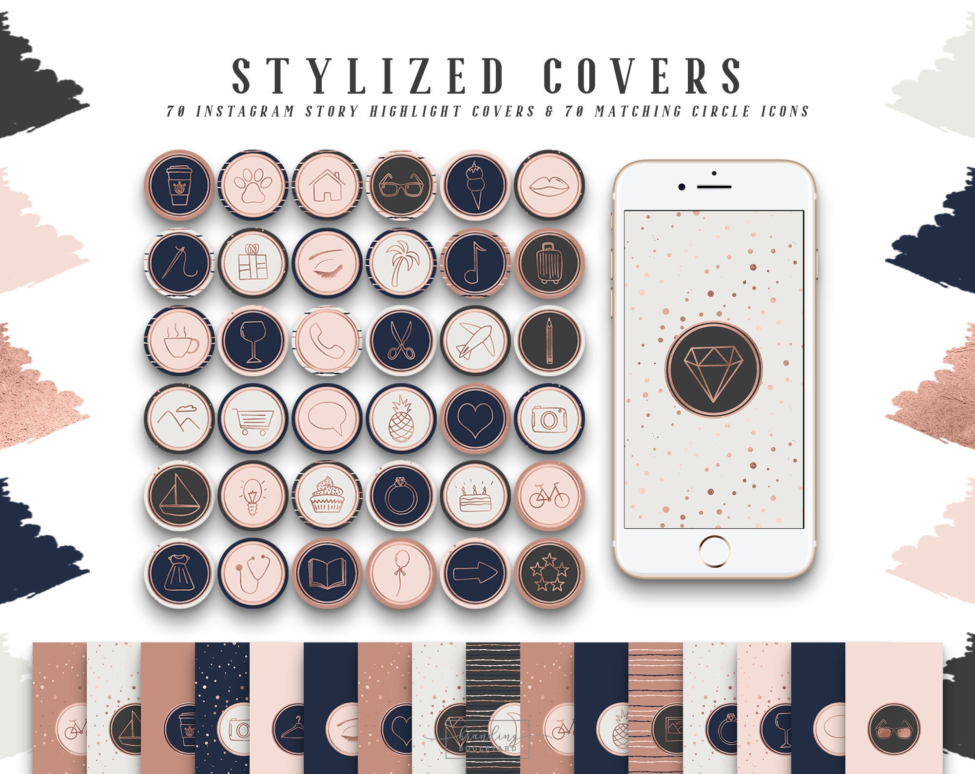Navy Blue Rose Gold & Blush PinkInstagram Story Highlight Covers & Circle Icons - Matching Graphics for Your brand
