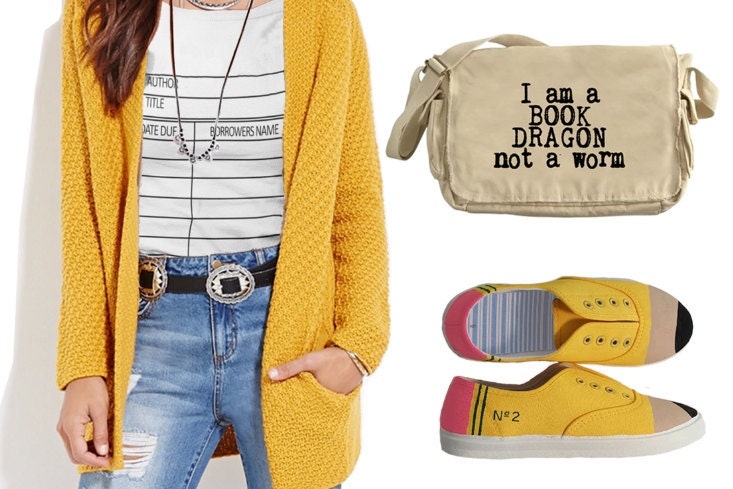 Library Due Date Card T-shirt, No.2 Pencil Shoes and Bookish Messenger Bag