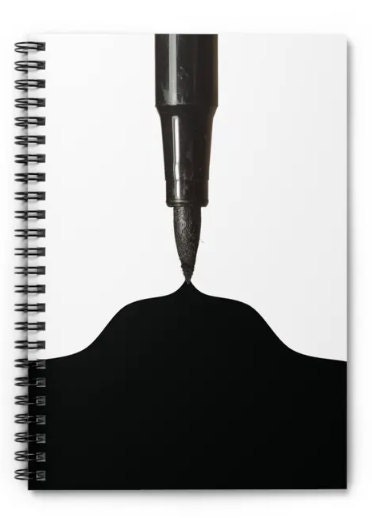 A sleek black notebook with a close-up image of a black marker tip poised above a swirl of ink, creating an artistic design. It has a black spiral binding.