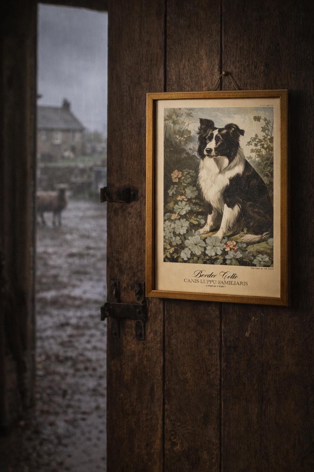 A border collie picture hung in a farmyard