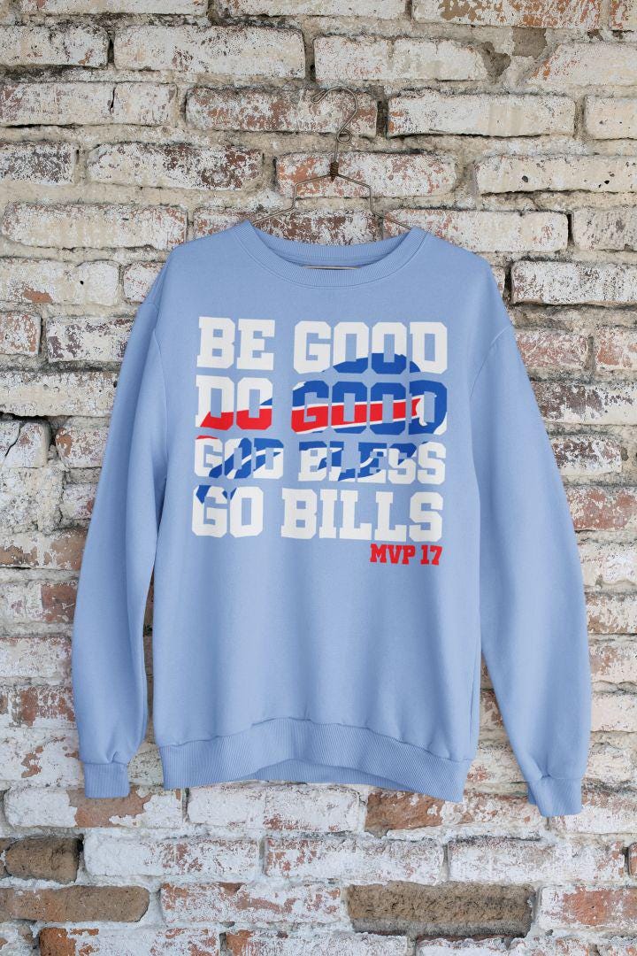 A light blue version of the Buffalo football fan sweatshirt, perfect for game day.