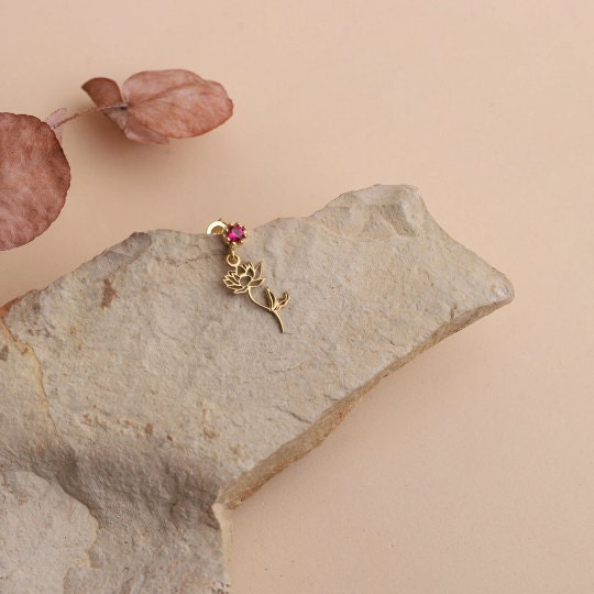 Dangle Birth Month Flower with Birthstone Earrings, Personalized Dainty Silver and Gold Cubic Zirconia Diamonds Stud Earrings, Gifts for Her