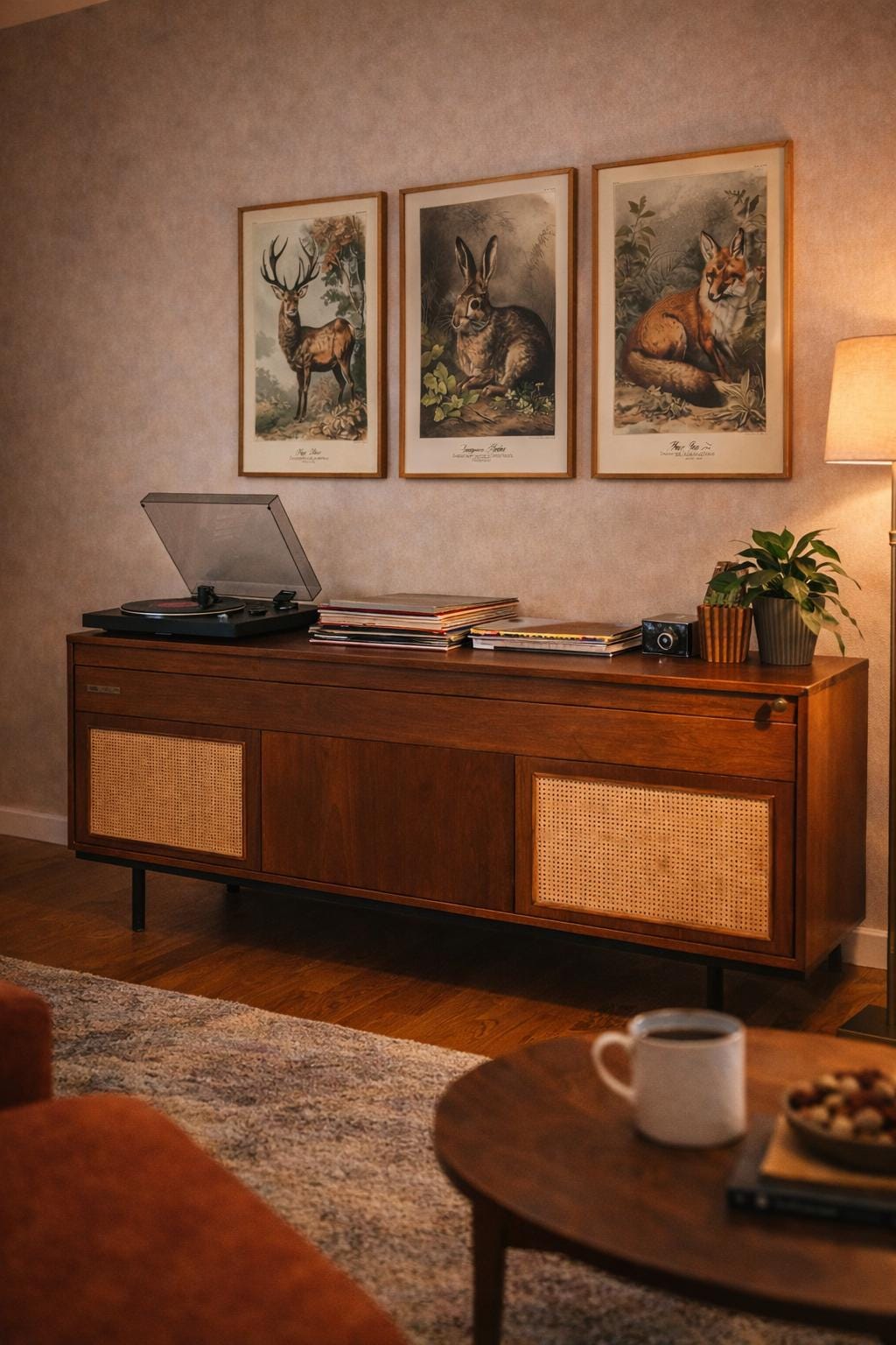 Decca Radiogram Cabinet with woodland vintage poster prints