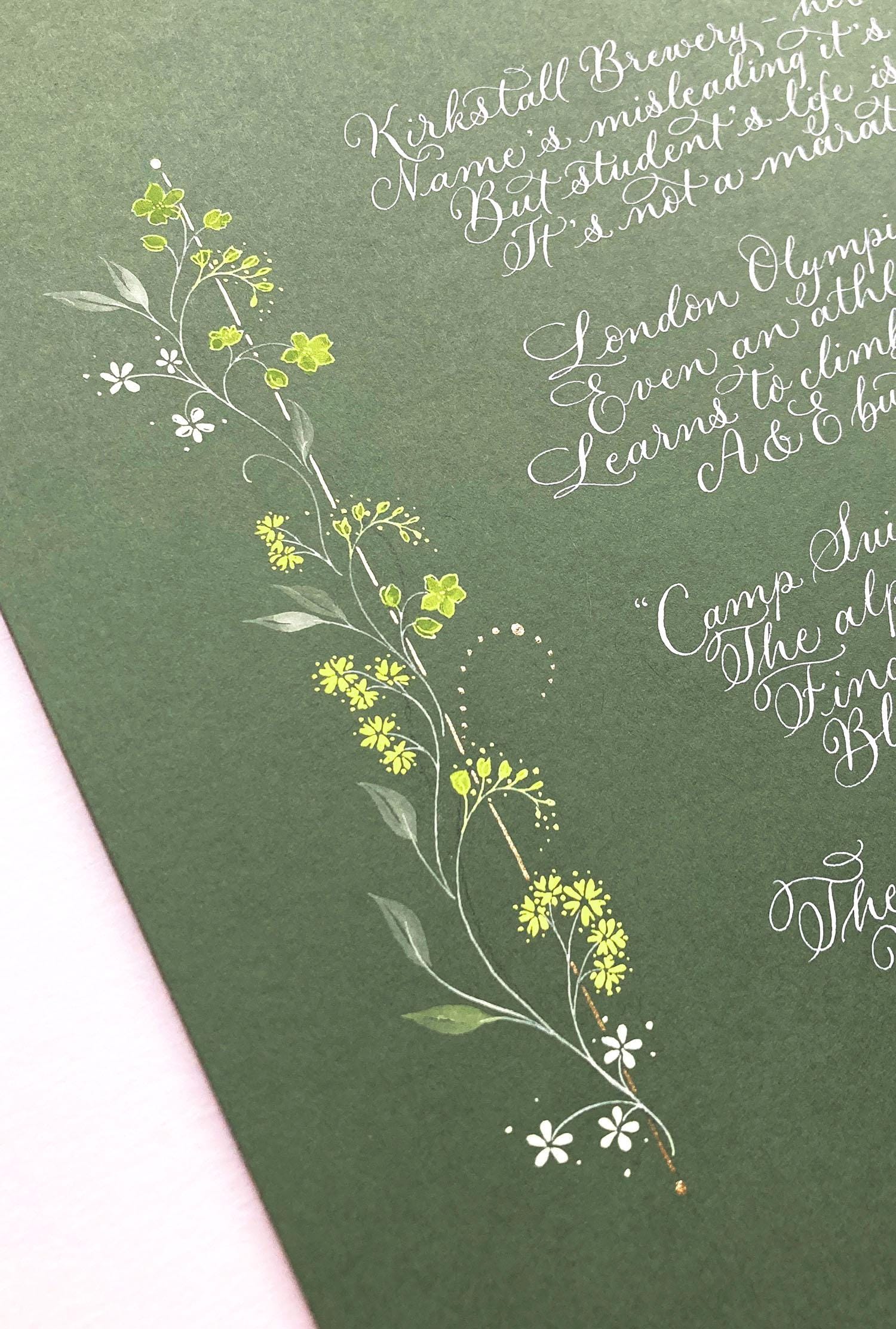 Close up of a floral illustration on a modern calligraphy commission on green paper, by Claire at By Moon and Tide