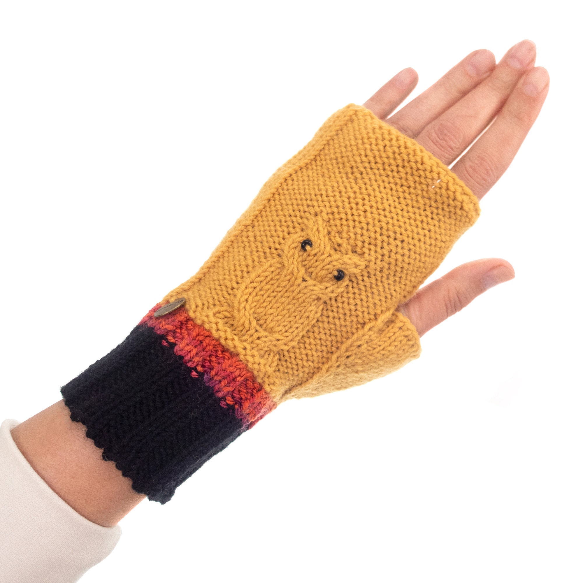 yellow fingerless gloves with owls