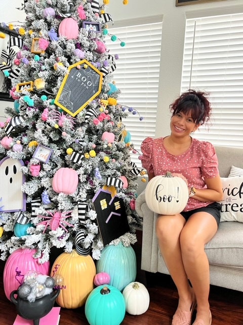 jenny next to decorated tree