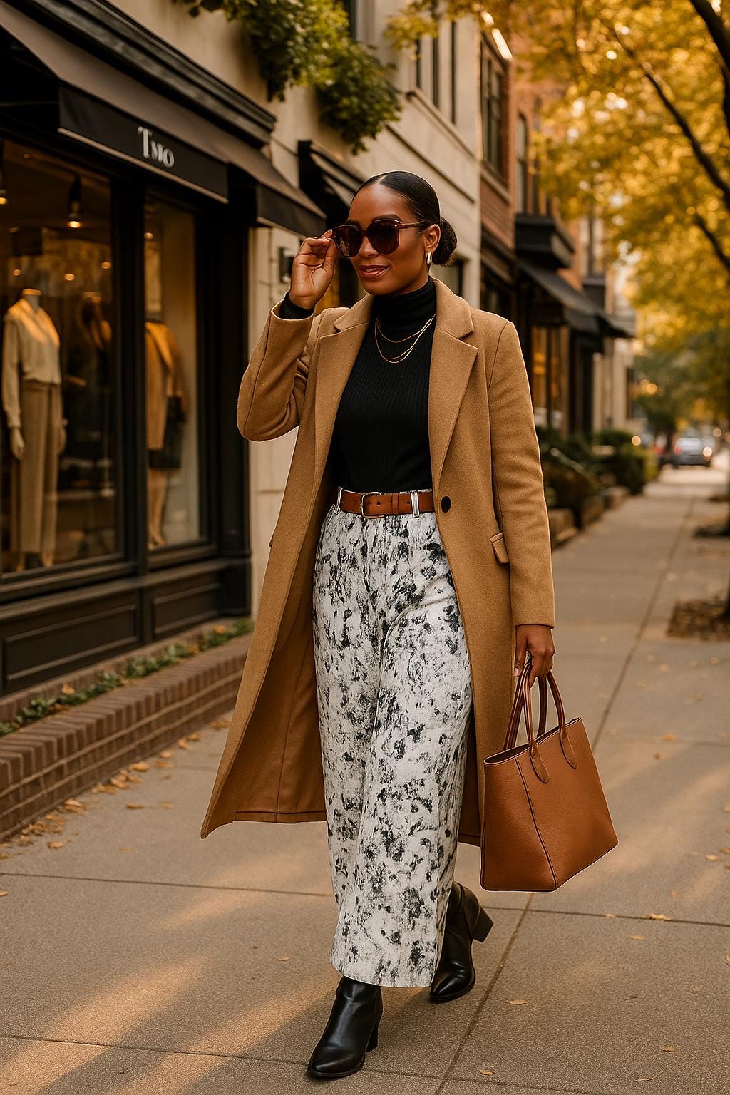 Black woman wearing black and white splatter pants with long camel colored coat and brown hand bag walking down the street.