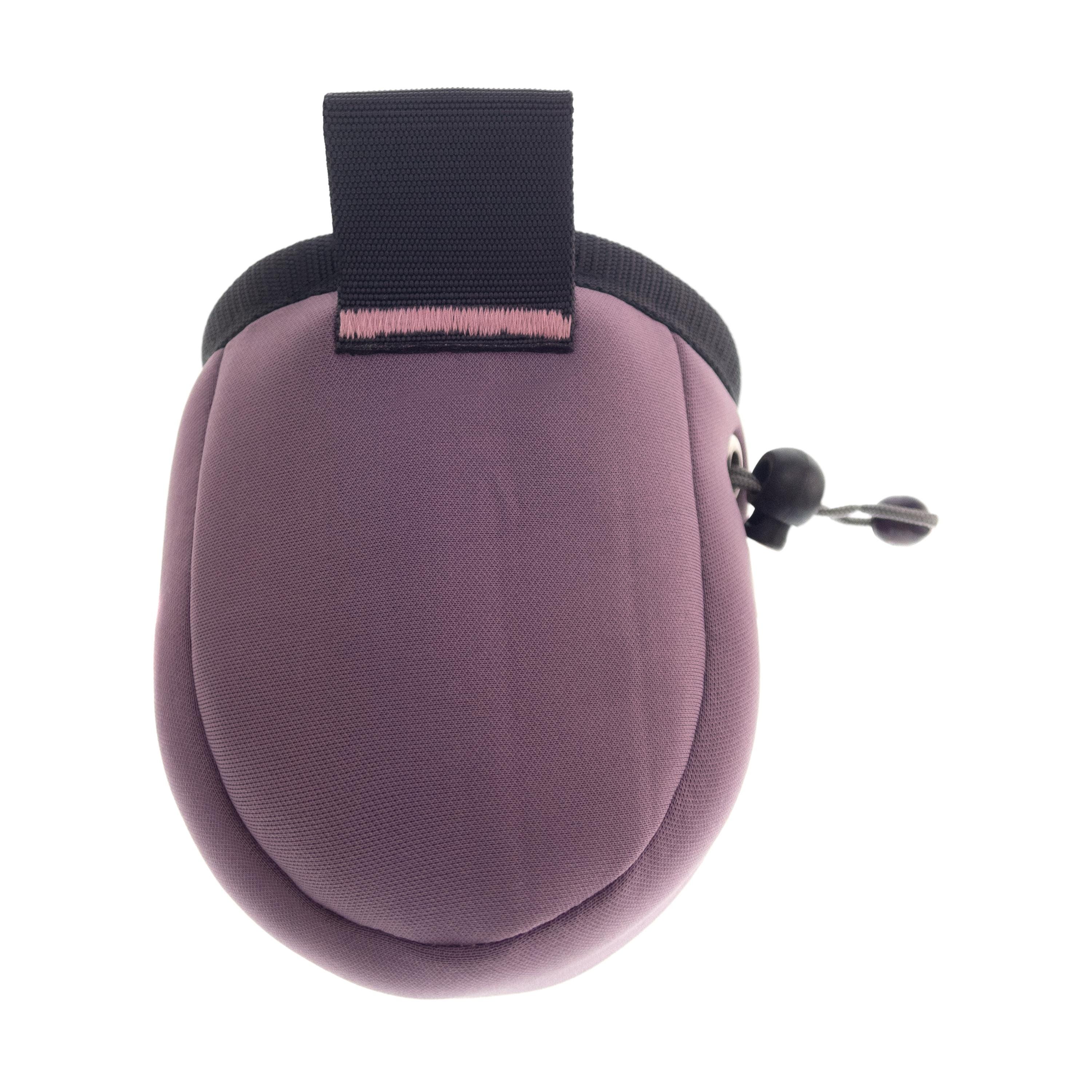 Hand-knitted climbing chalk bag for kids in pastel pink, combining practical function with charming design.