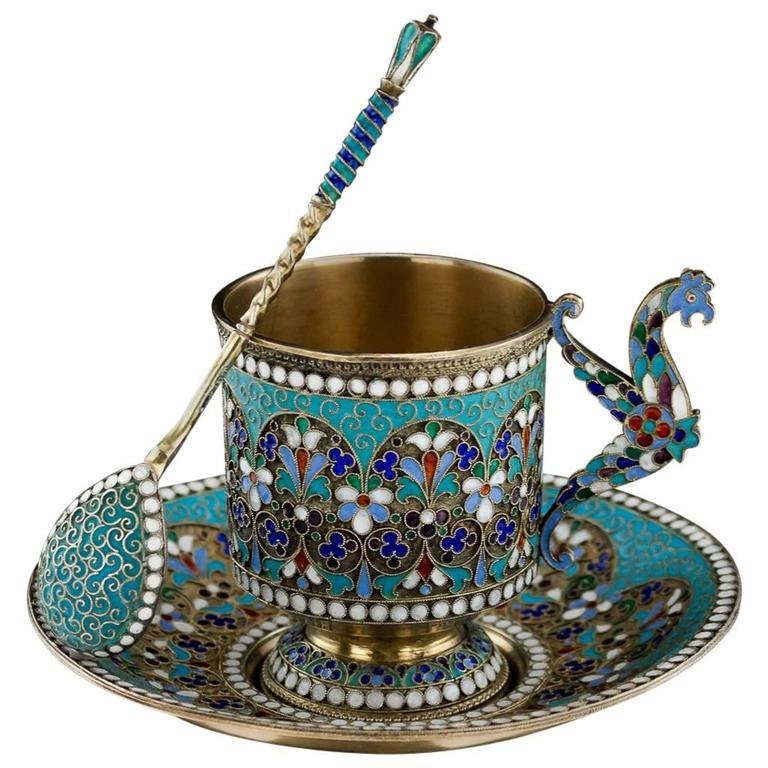 Antique Imperial Russian Solid Silver Enamel Cup Saucer Spoon, circa 1890