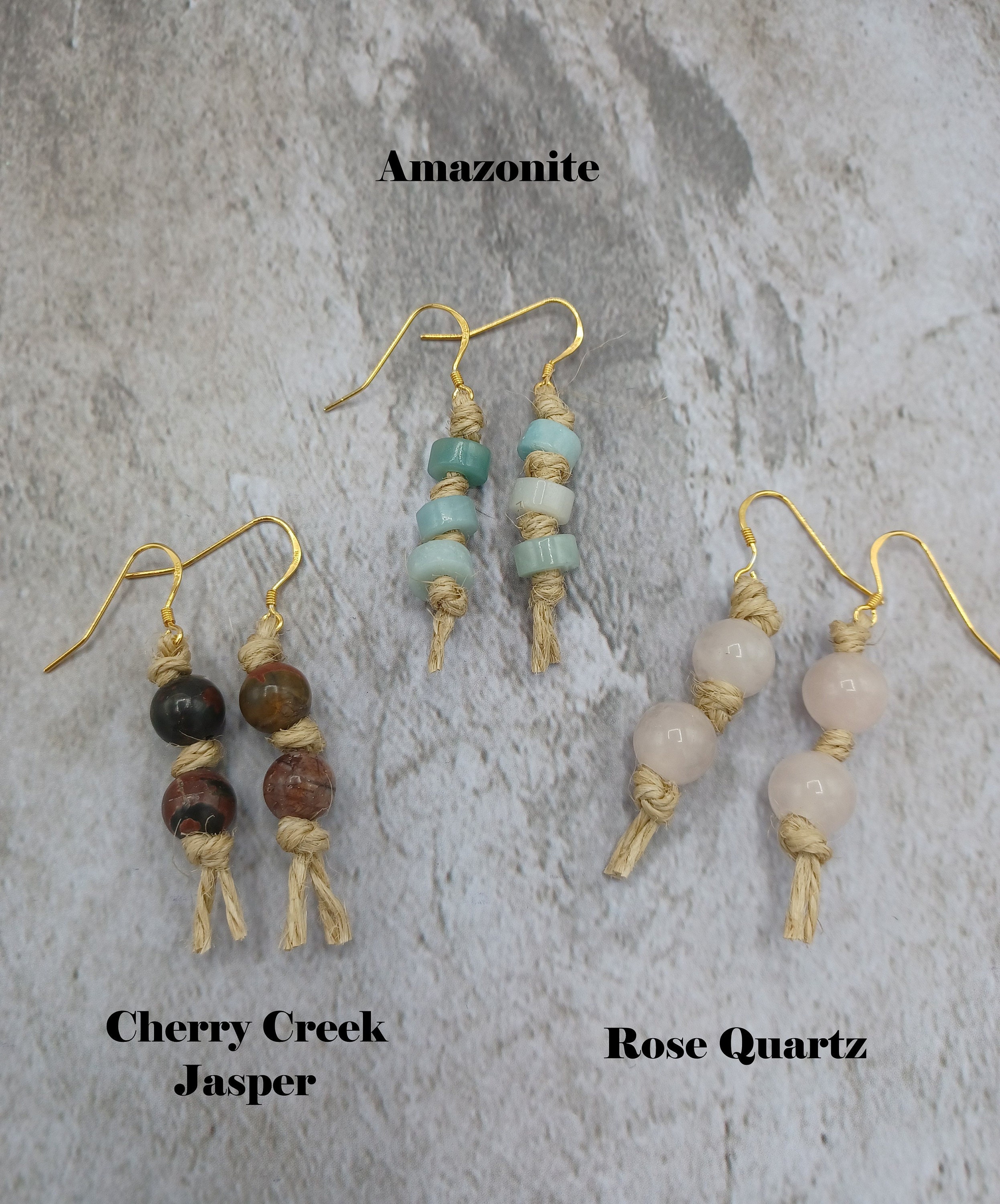 jasper amazonite and rose quartz hemp earrings