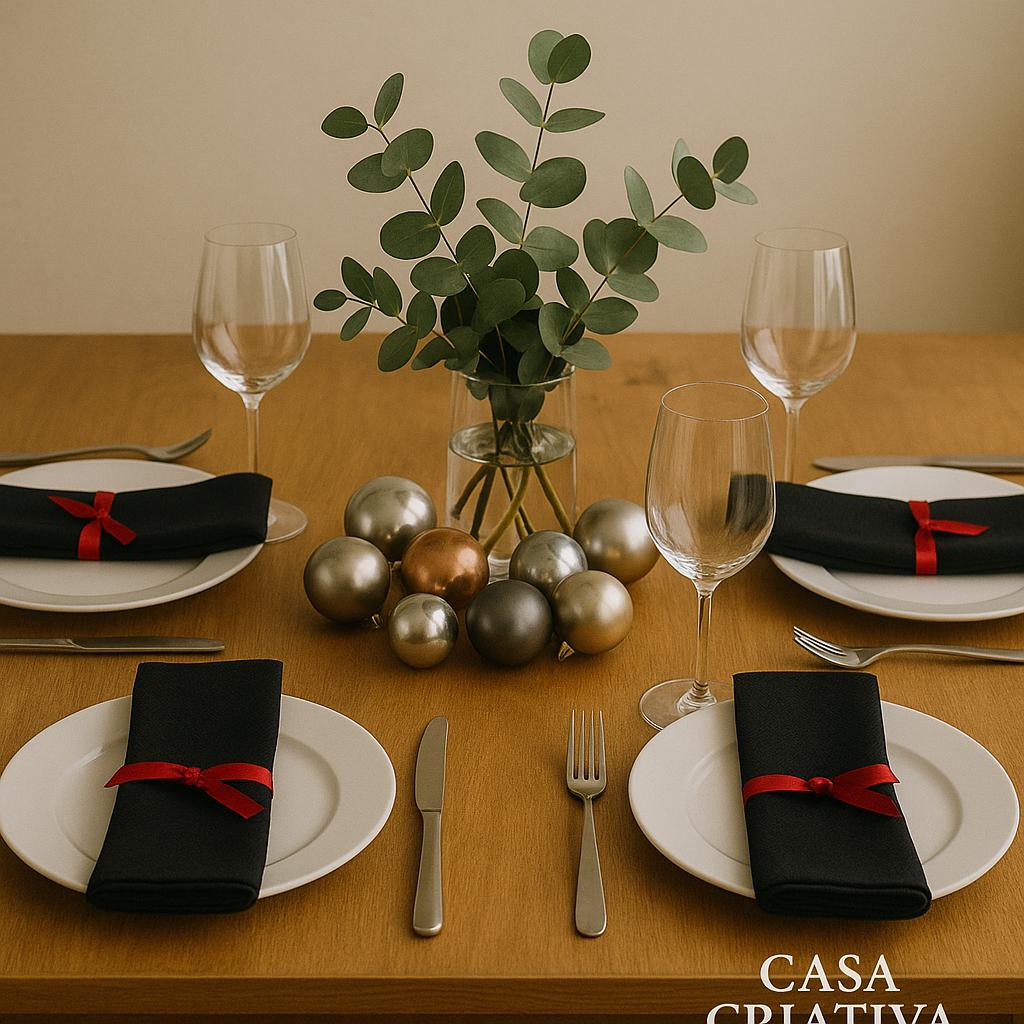 Mesa sem toalha, só a madeira aparente. Louça branca lisa. Um arranjo central com eucalipto e bolas metálicas. Guardanapos pretos com fita vermelha fina.