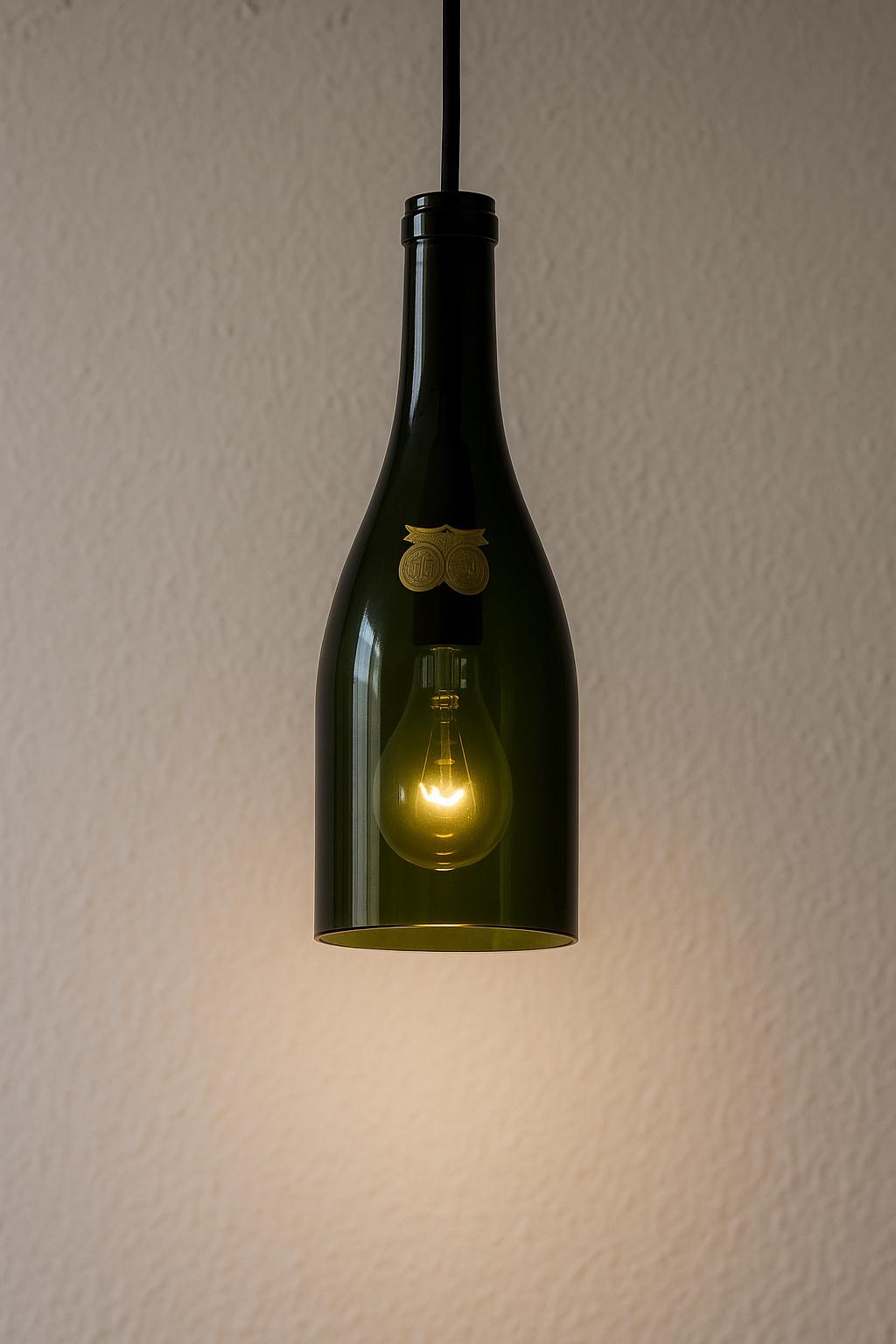 Luminária de garrafa: Coloque um pisca-pisca de LED dentro da garrafa para criar uma luz ambiente charmosa. Fica lindo em varandas, estantes ou como luz noturna.