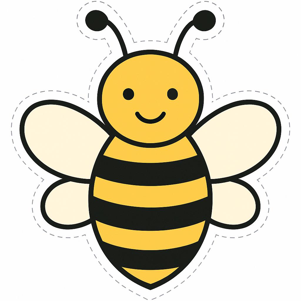 Illustration of a cute bee with a smiling face, black and yellow striped body, and two white wings, designed as a printable cut-out template for crafts or decorations.