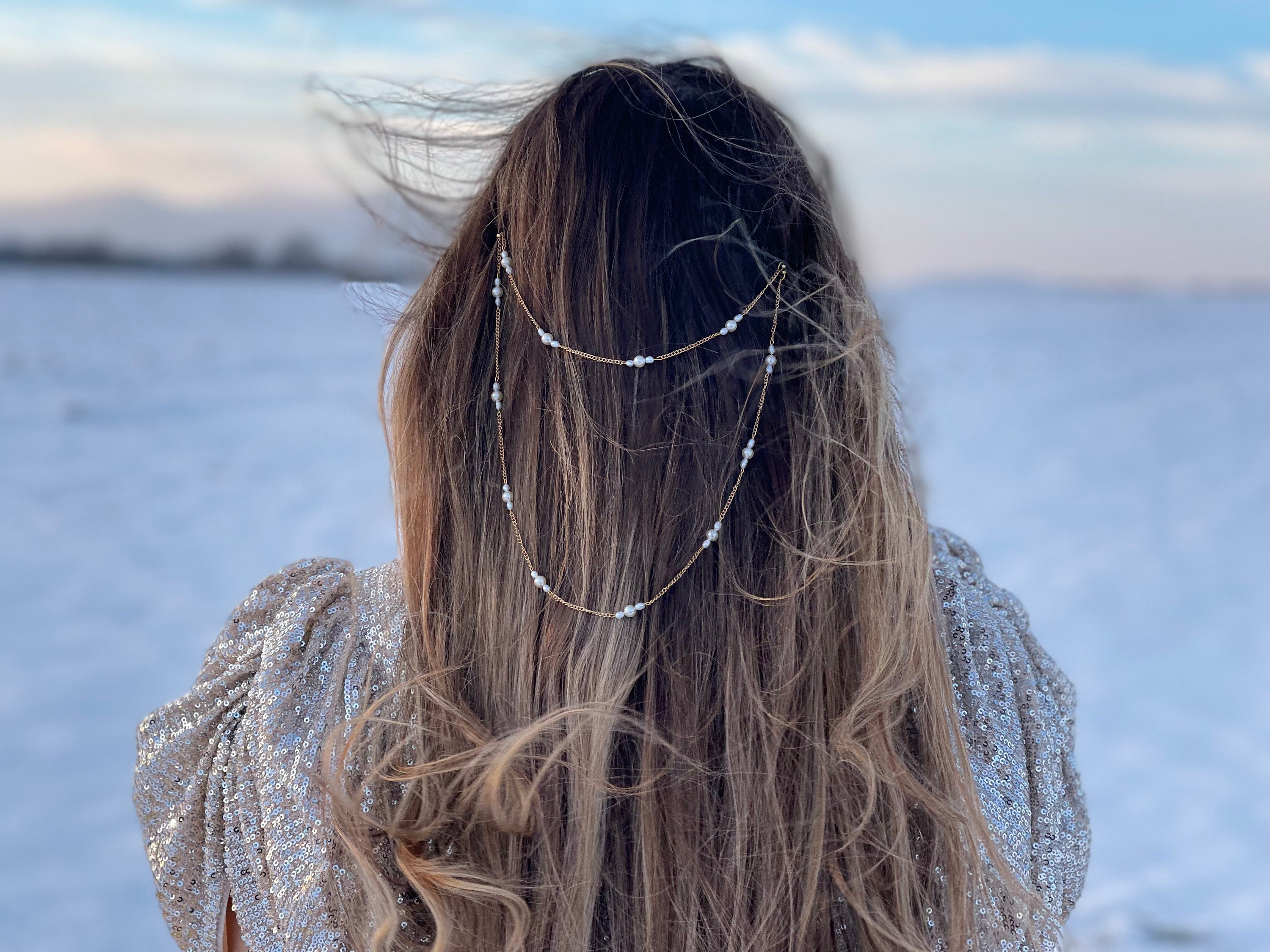 hair chain, pearl hair chain, long hair, silver dress