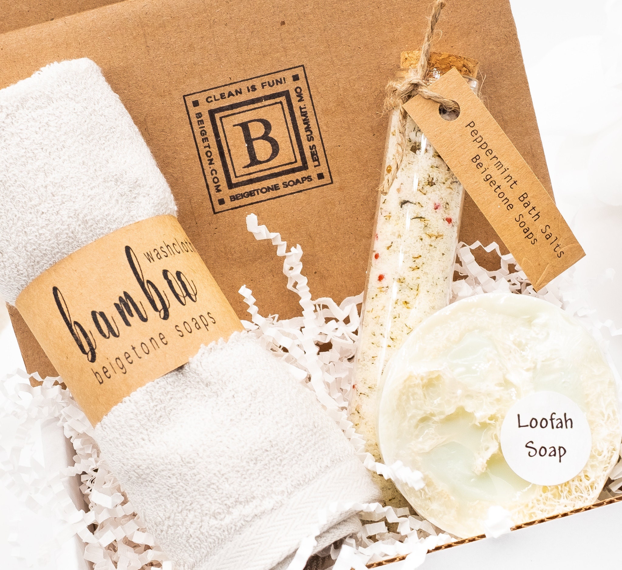 Peppermint Tea Tree Loofah, bath salt and cloth