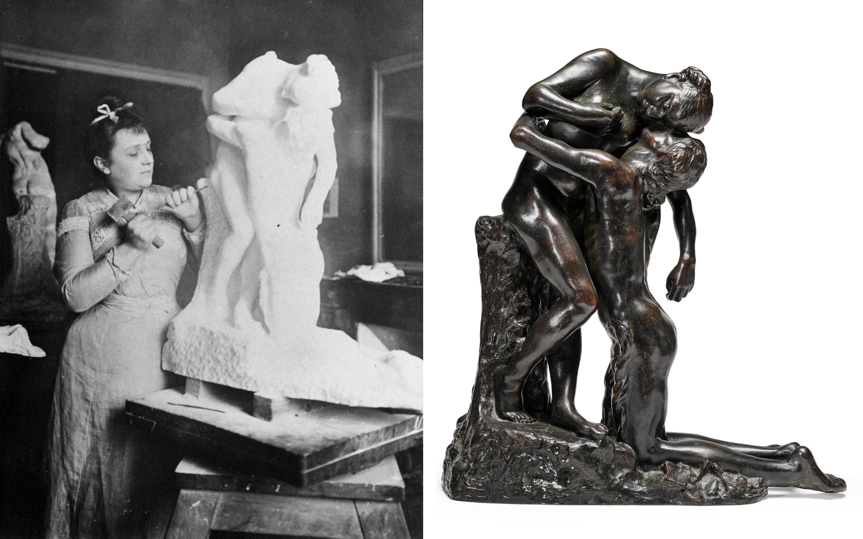 Camille Claudel at work on the sculpture in her studio, undated. Right, a 1905 bronze cast of L’Abandon, conceived in 1888