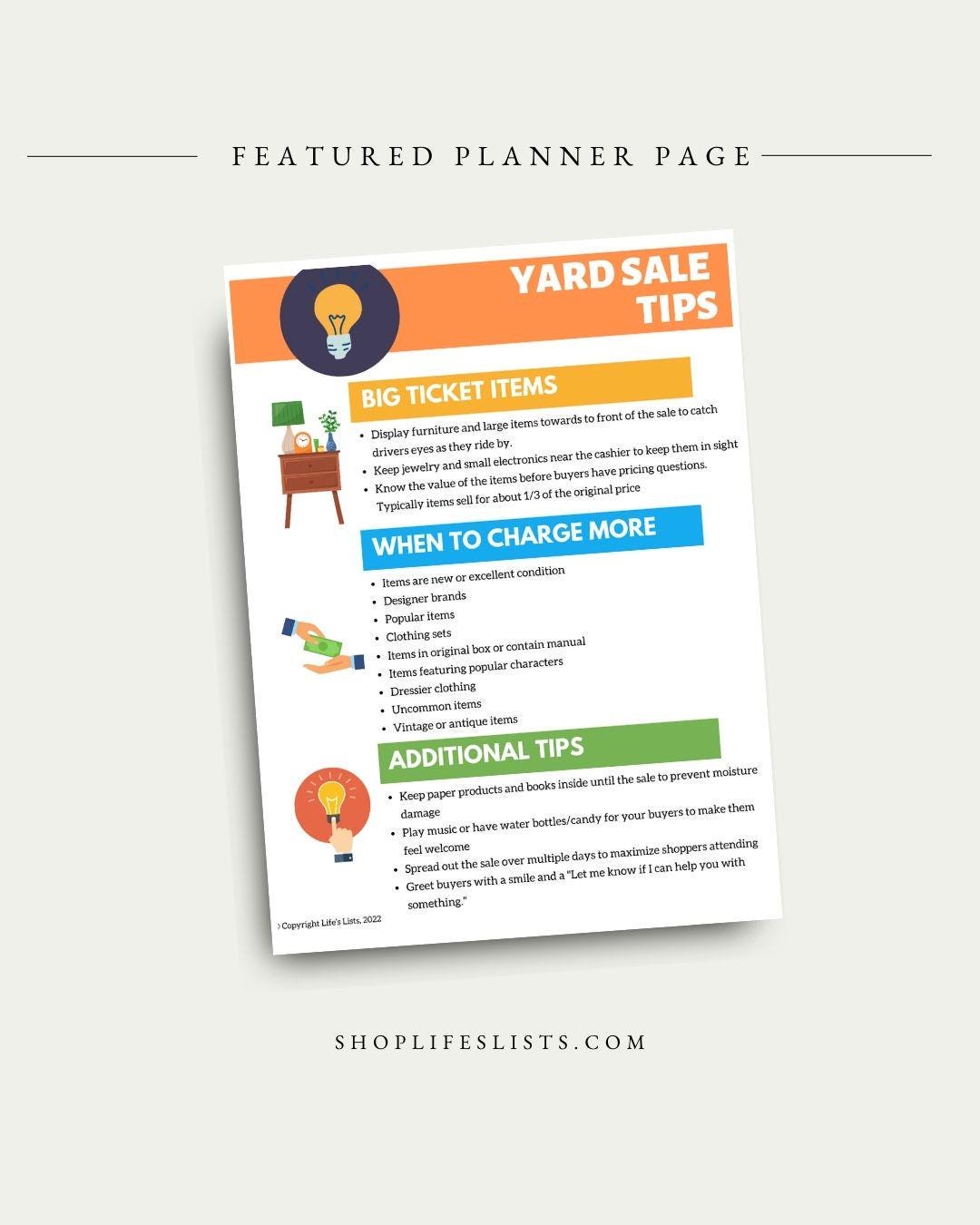 Yard Sale Tips - Lifes Lists Yard Sale Planner