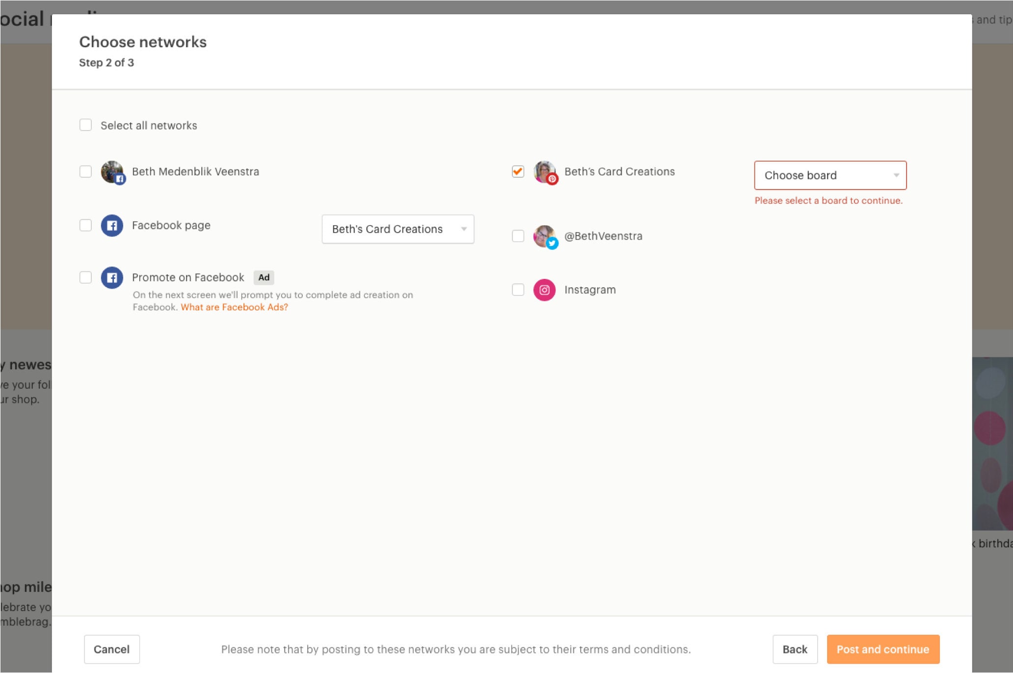 This is the Create Networks menu in the Social Media section on Etsy