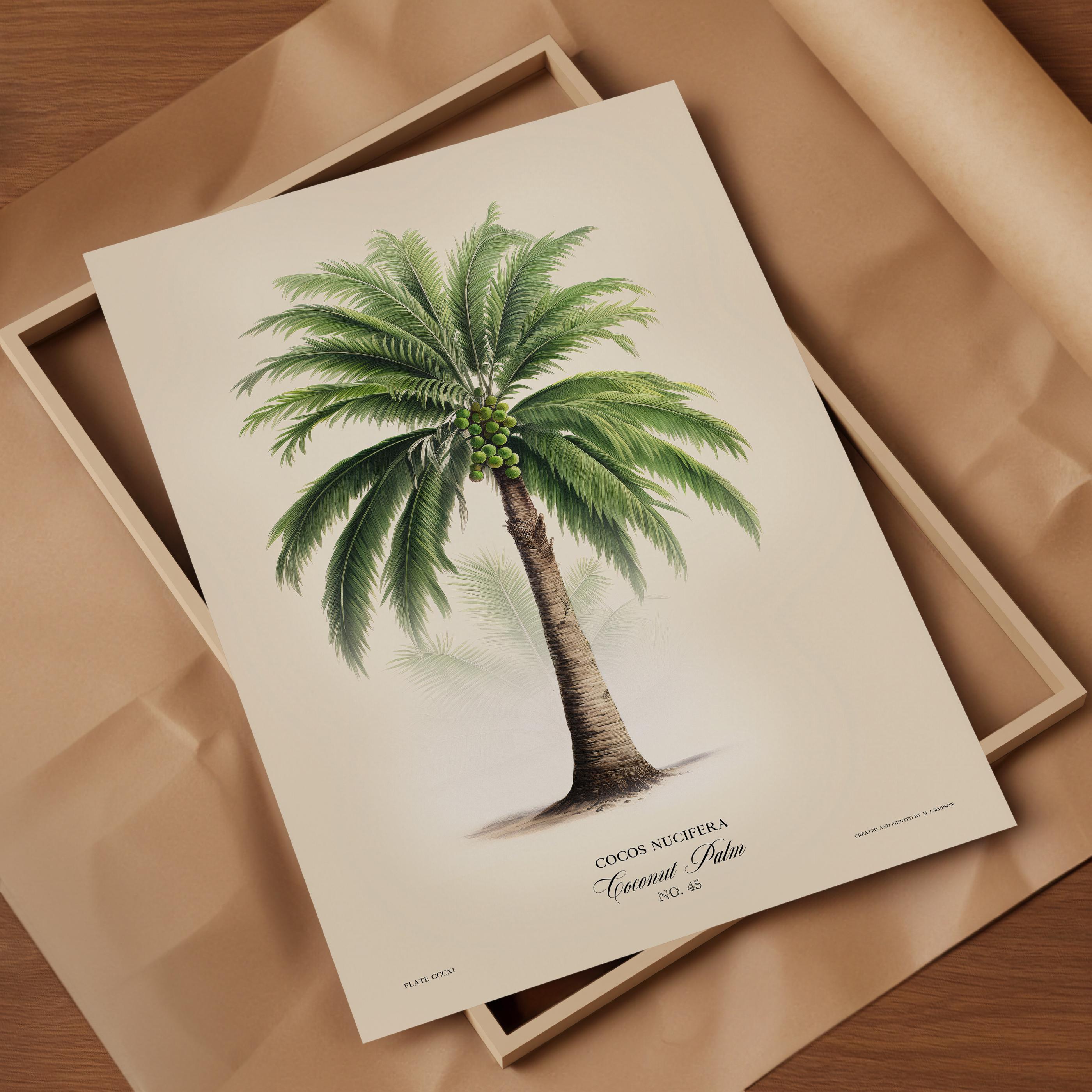 A coconut palm tree print on high quality paper