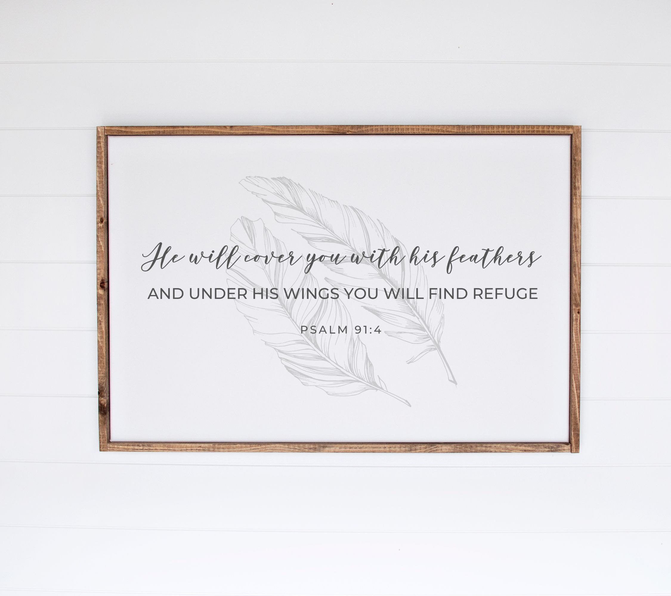 This Psalm 91:4 Bible Verse Poster has light gray feathers in the background and says He will cover you with his feather and under his wings you will find refuge in gray text.