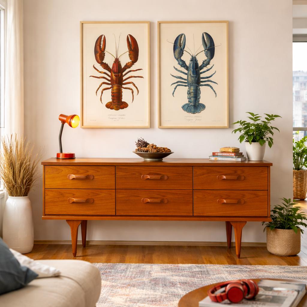 Two framed vintage-style lobster prints hang side by side on a pale wall above a mid-century teak sideboard in a bright city flat. One lobster is illustrated in deep red tones and the other in blue, creating a subtle coastal feel. The room is styled with a retro desk lamp, potted plants, woven textures and light wooden flooring, giving the space a relaxed, coastal-inspired atmosphere.