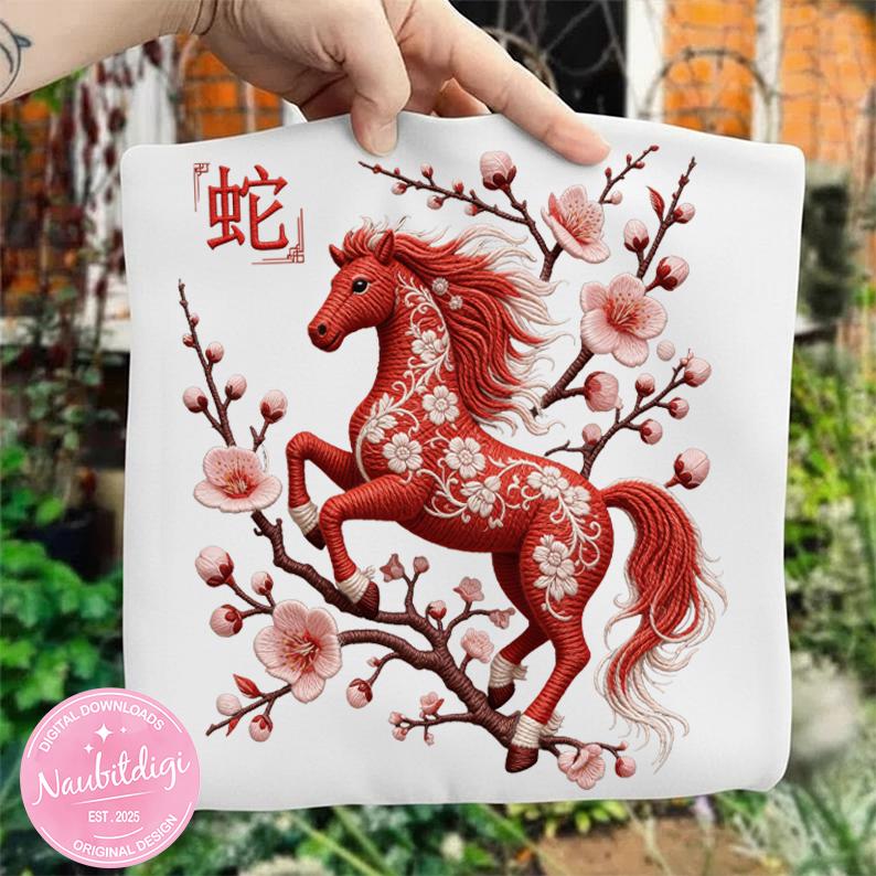 Chinese New Year 2026 Year of The Horse Faux Embroidery PNG, Lunar New Year Horse Design, Zodiac 2026 Shirt Sublimation Digital Download