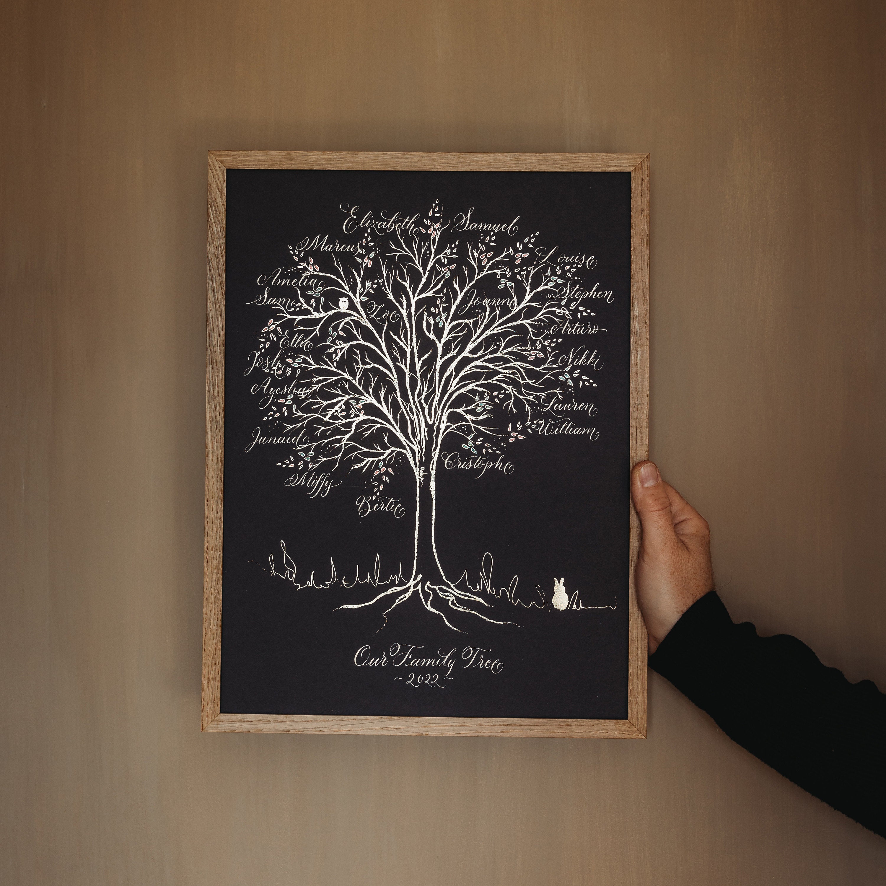 Gold family tree print with calligraphy By Moon & Tide. Photo credit Thyme Lane Photography