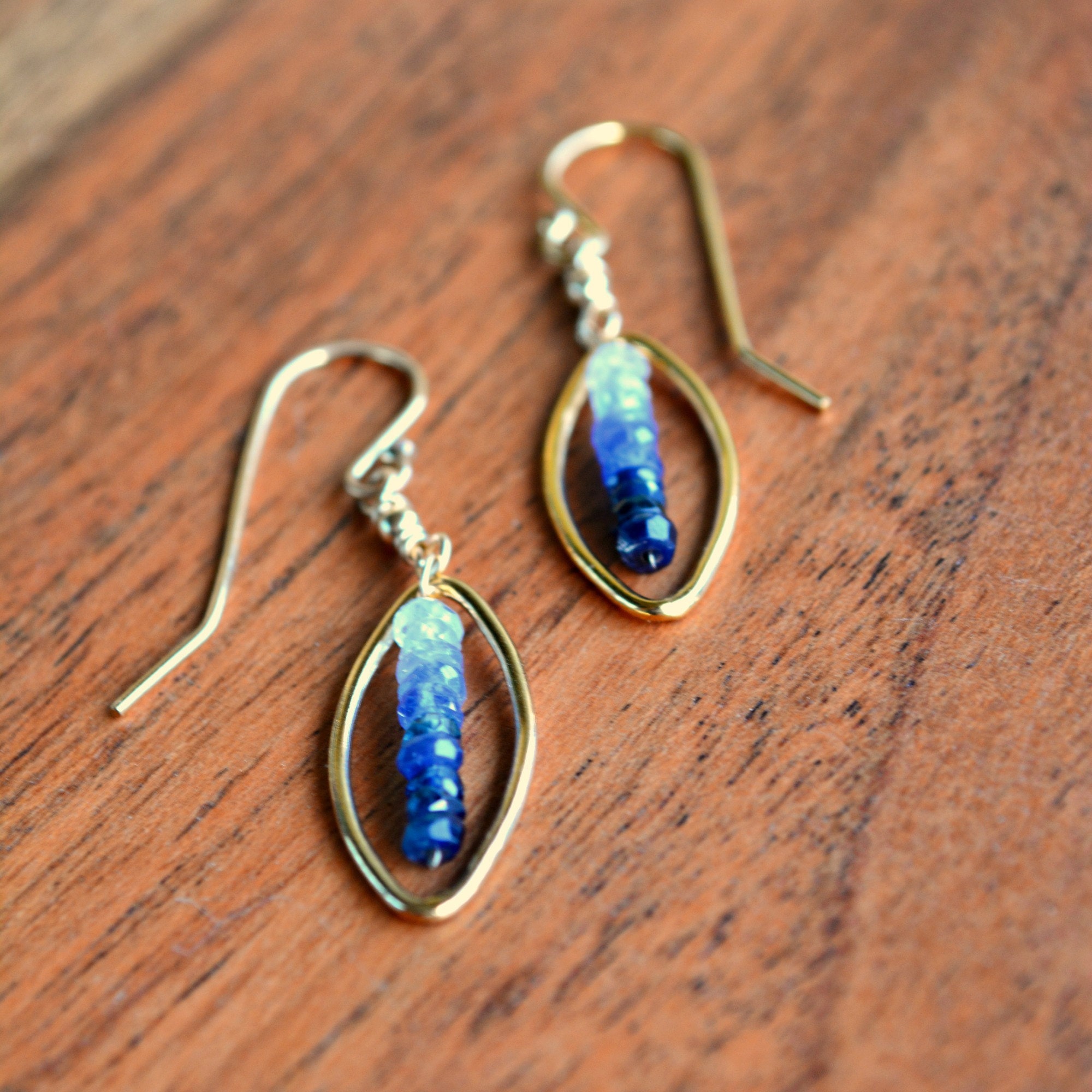 Stunning faceted ombre Sapphires white to blue in 14k Gold filled Marquis hoops