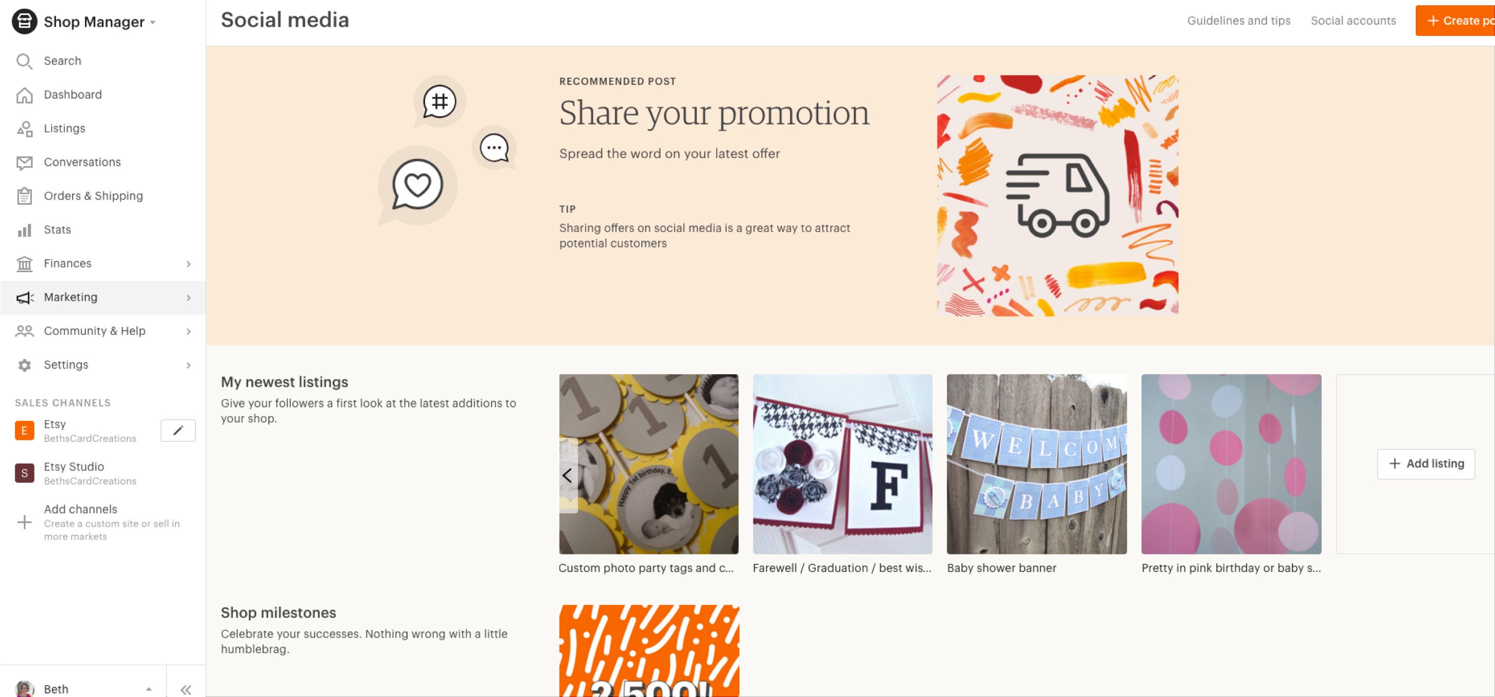 Etsy Social Media Newest Listings menu