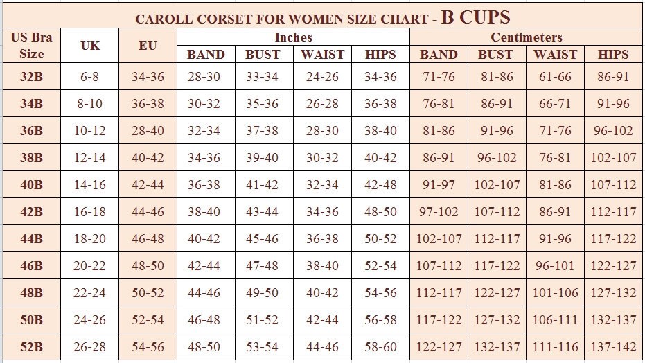 CAROLL CORSET FOR WOMEN US SIZE CHART B CUPS