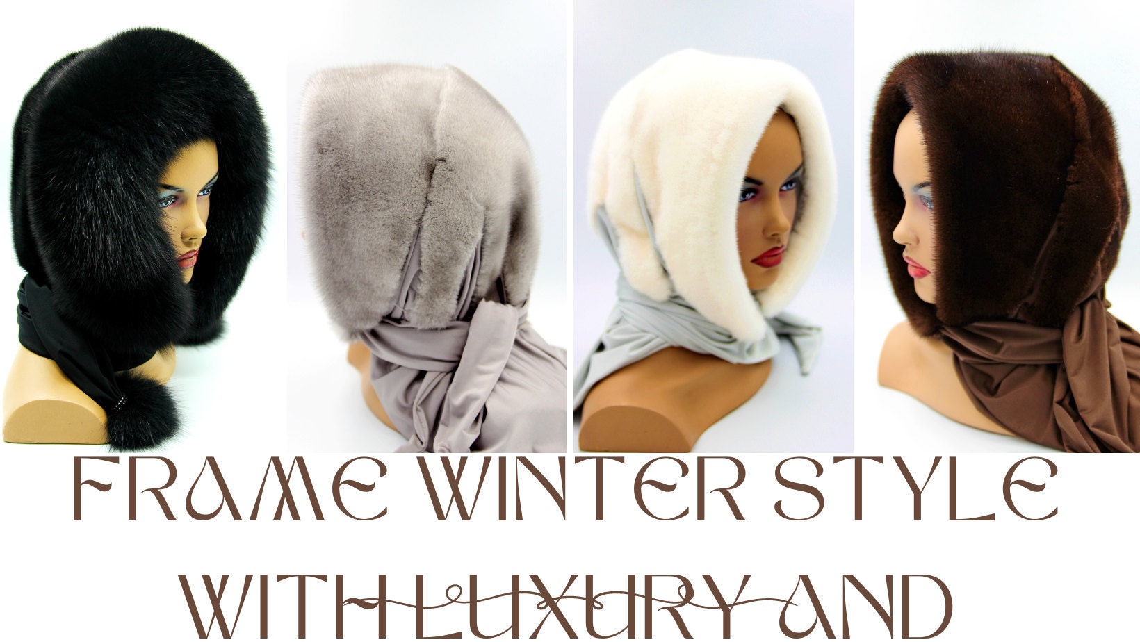Collage of four luxurious mink fur hats showcasing different styles and colors, with the text Frame Winter Style with Luxury and Warmth prominently displayed.