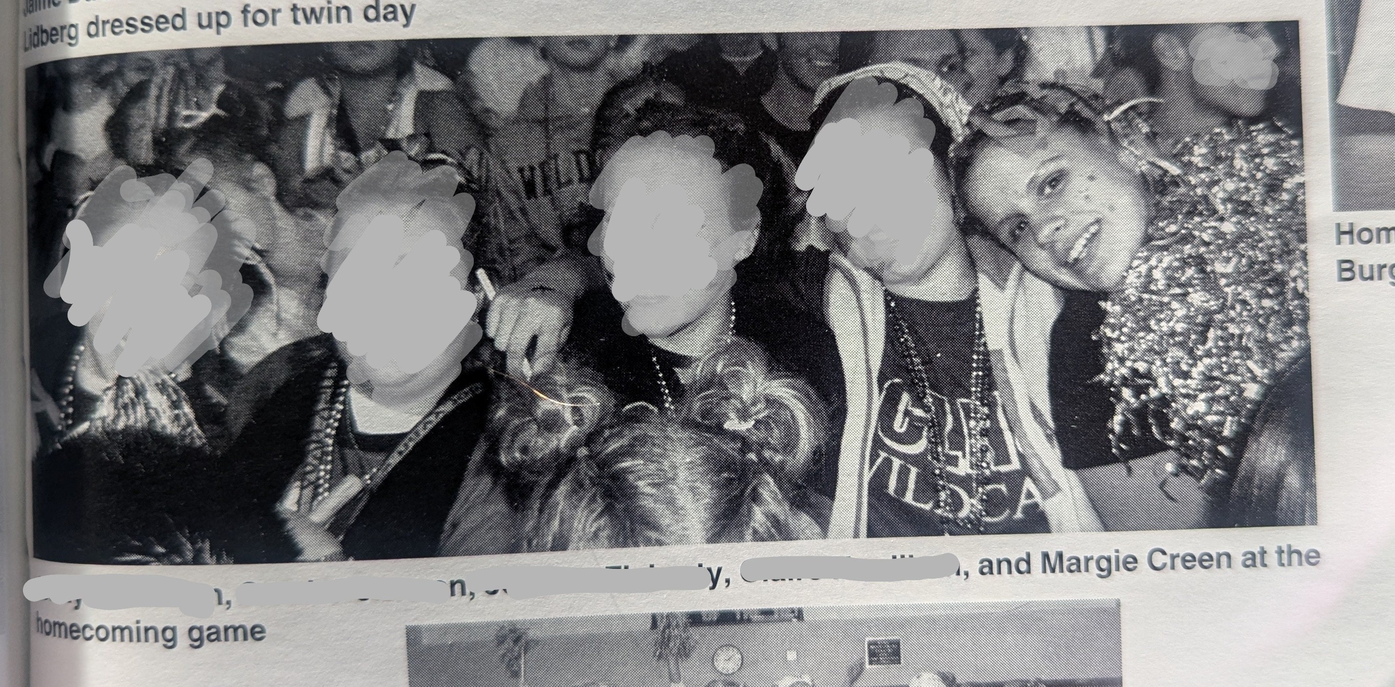 High school seniors on Homecoming in the stands. Four of the girls have their faces blurred out. On the far right is Margie Creen. She is holding a pom-pom to her face and is leaning in. They are sitting in bleachers.