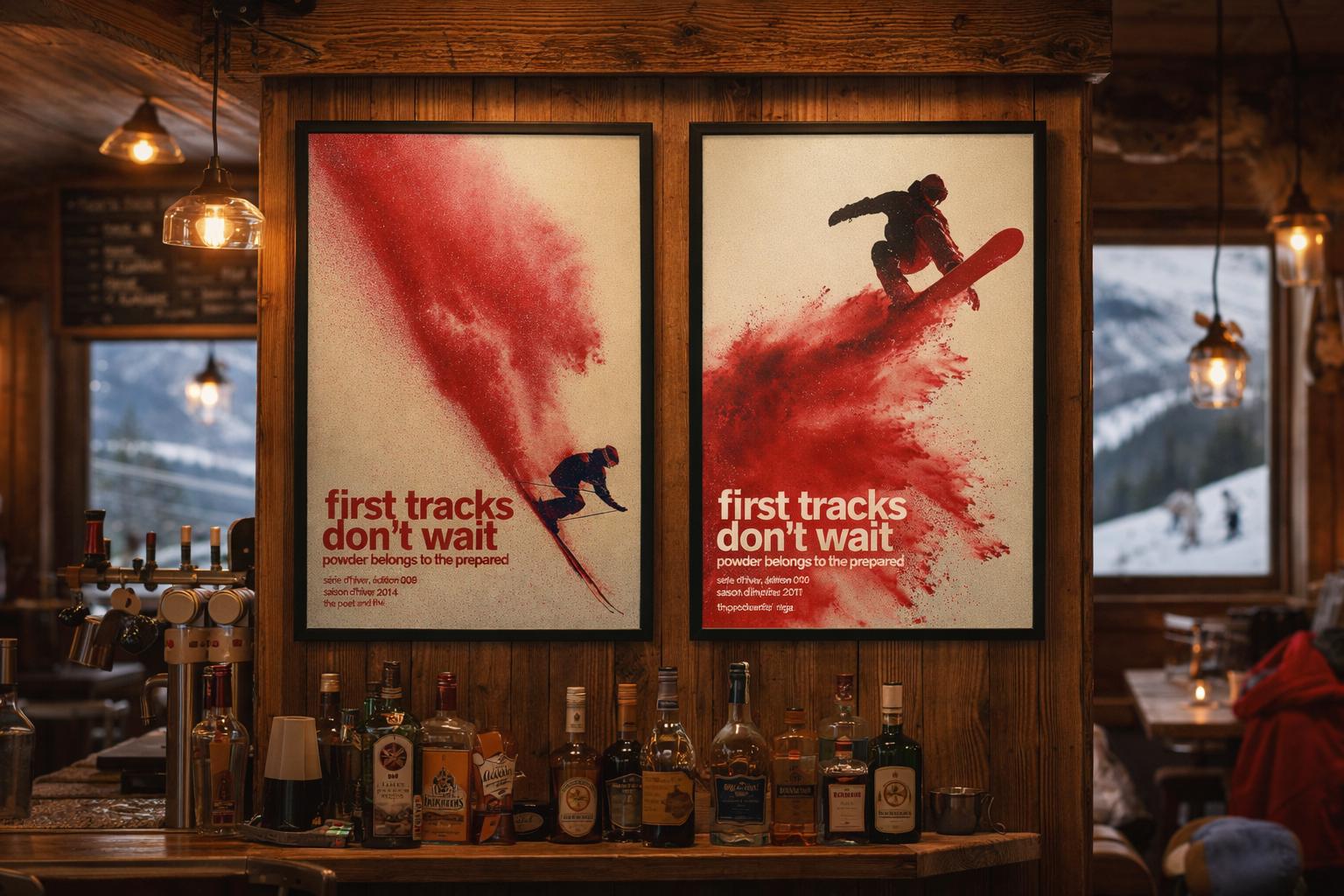 A sking and snoboarding poster set in a ski bar