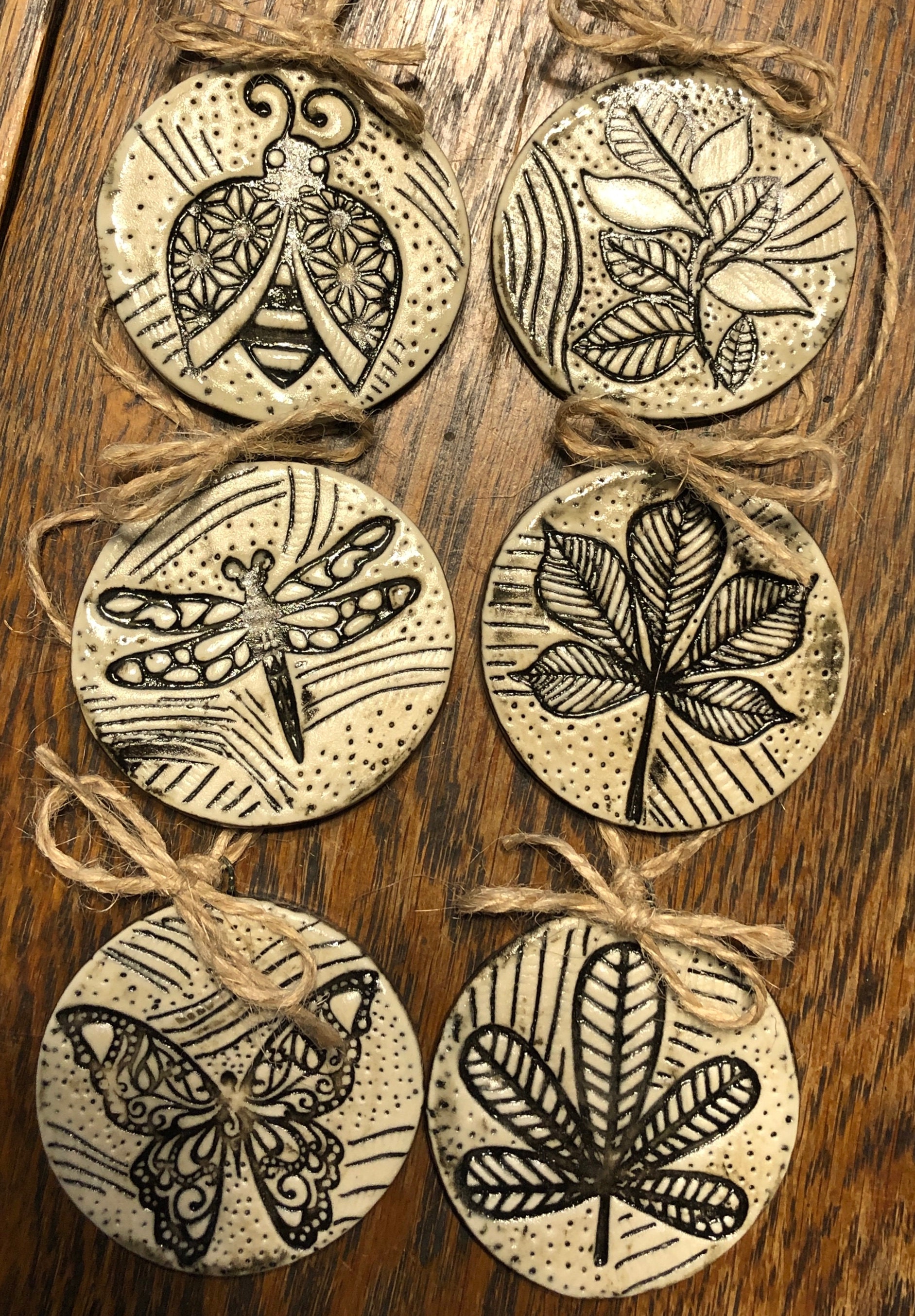 Black Scraffito on White Stoneware Ornaments