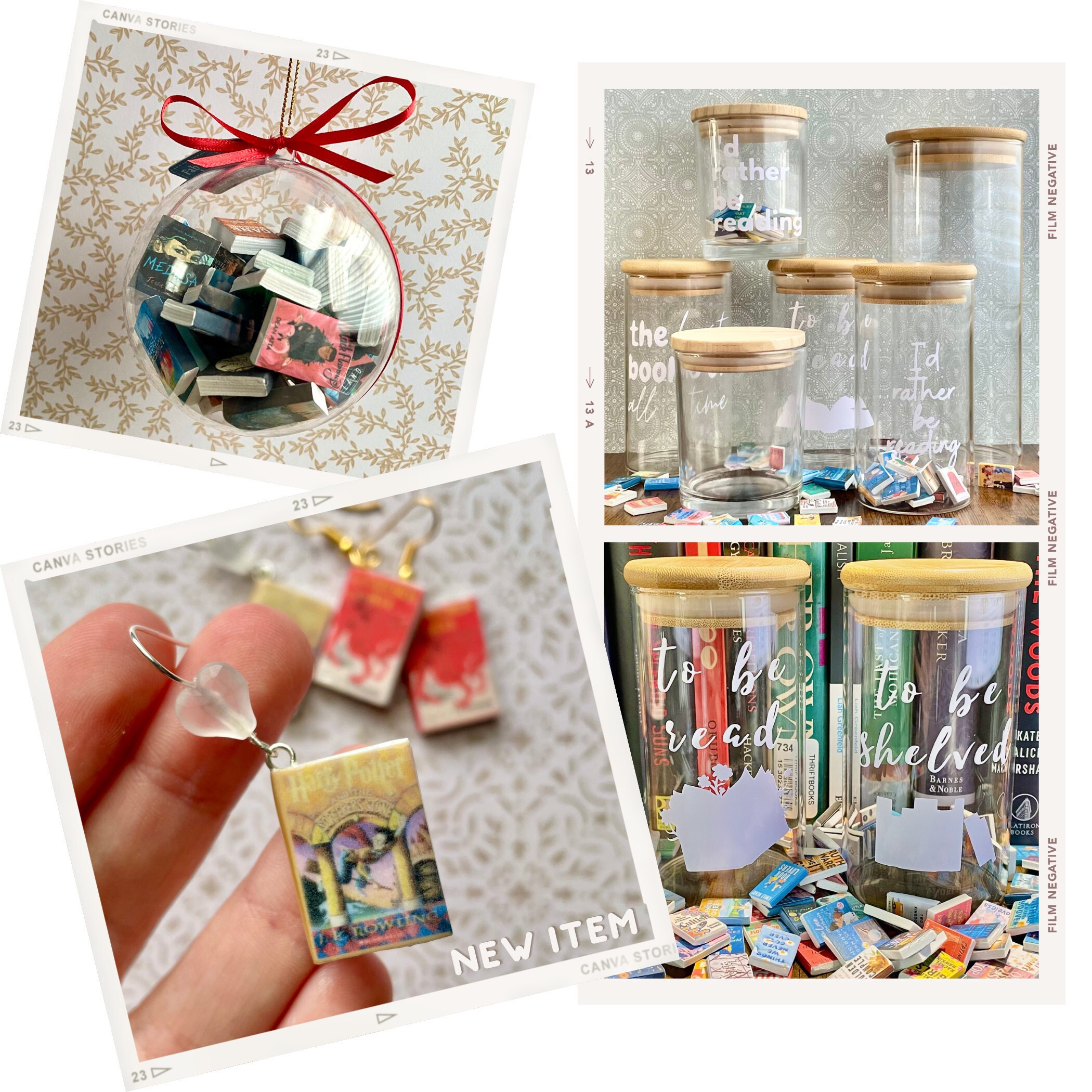 all my miniature book-inspired creations: jars, ornaments, and earrings