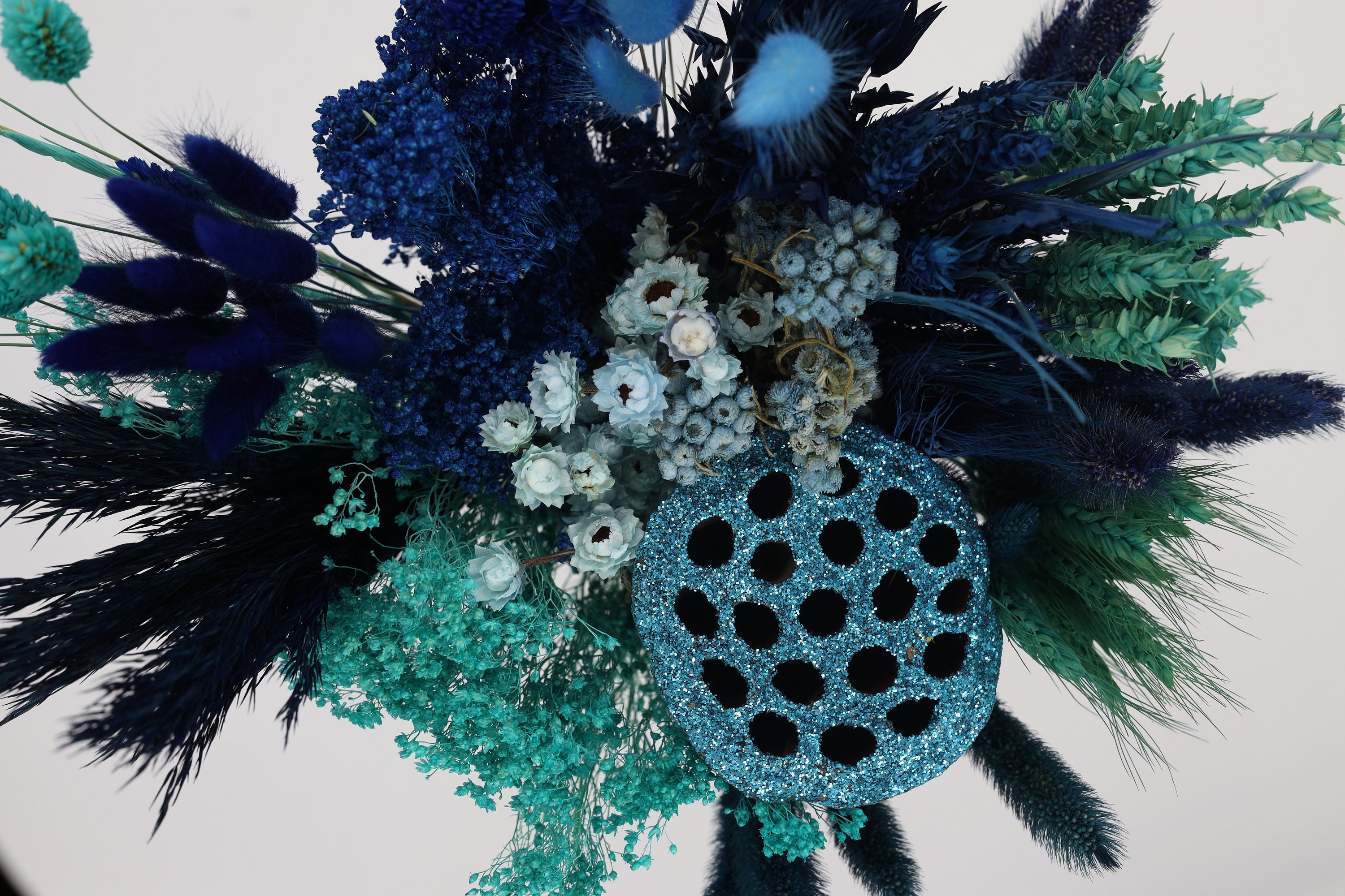 Blue dried flowers, Navy blue lagurus, pampass grass, blue bunny tails, tourquise canary grass, light blue phalaris, ammobium, broom blooms