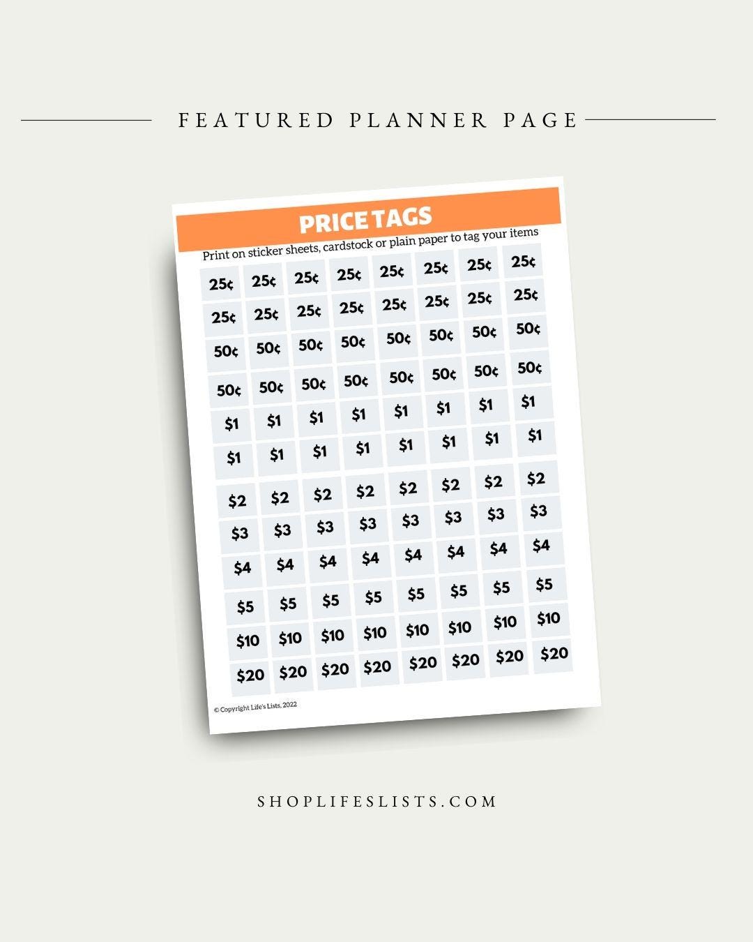 Yard Sale Pricing Labels - Lifes Lists Yard Sale Planner