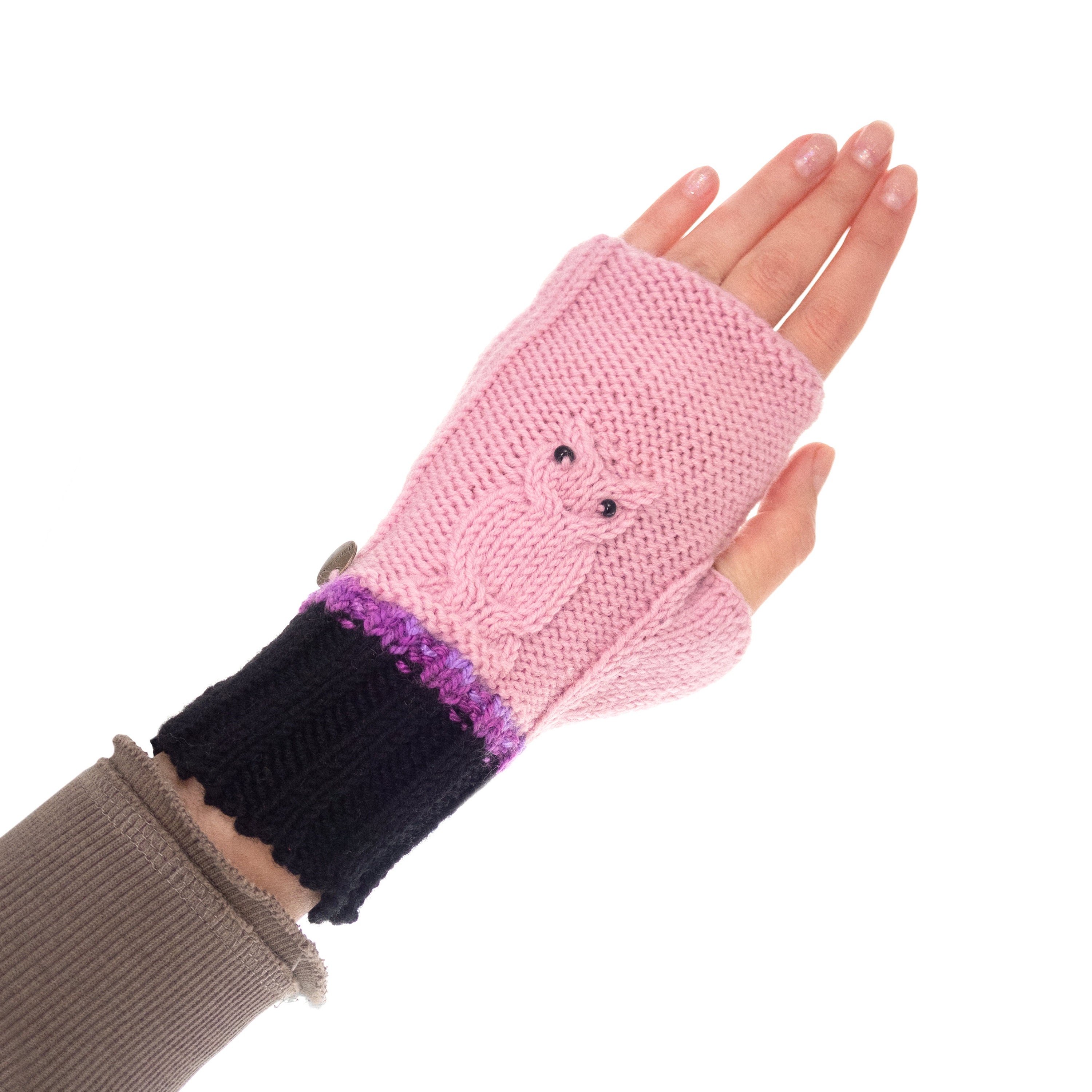 Crochet Mittens Fingerless Gloves Pink Owls