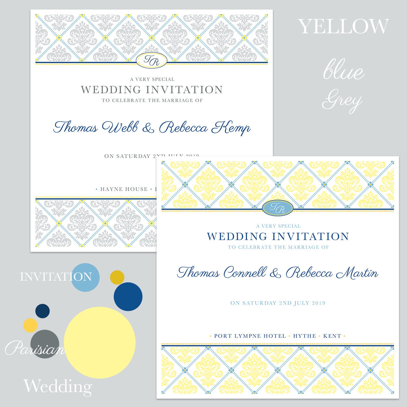 Yellow, blue and grey wedding invitations