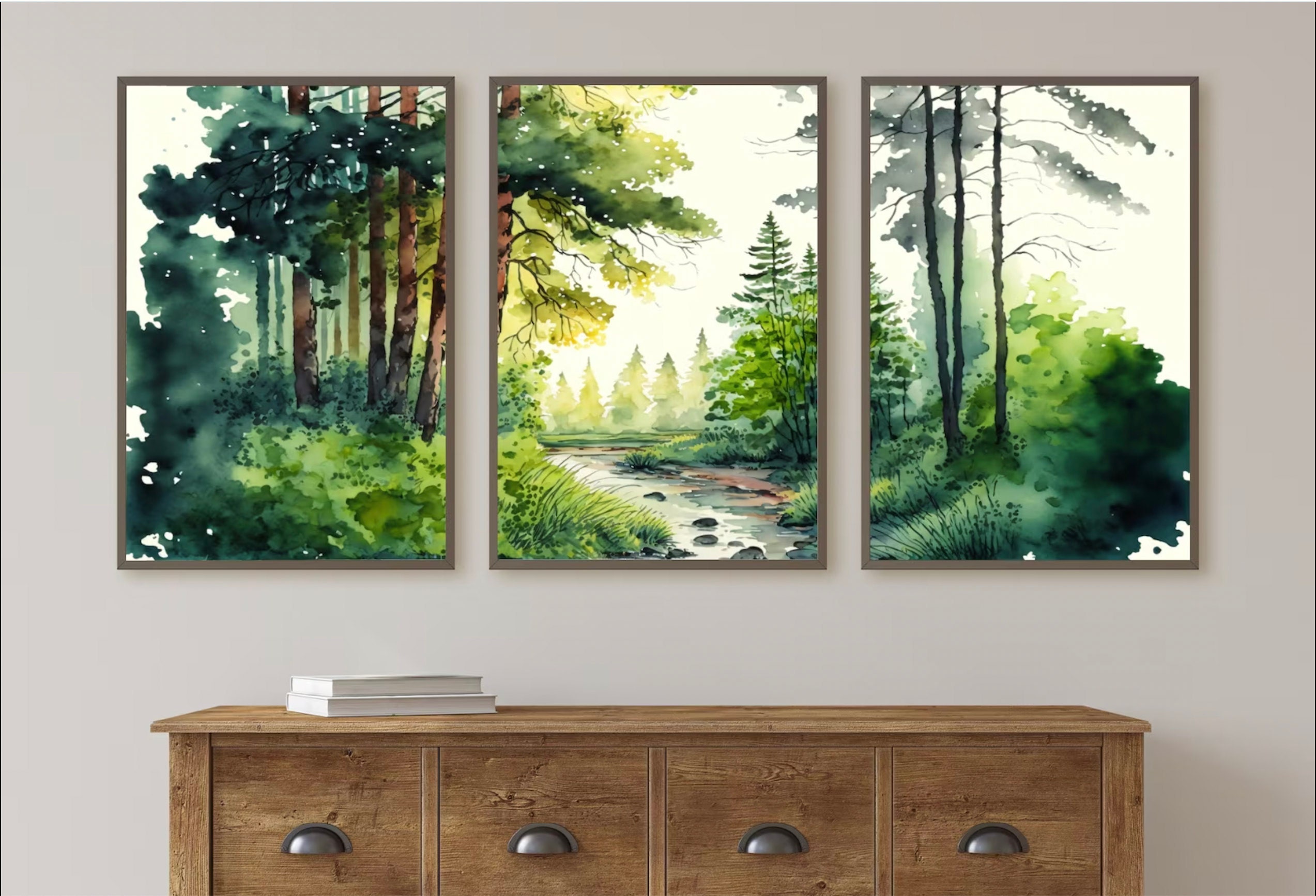set of three images of forest with river