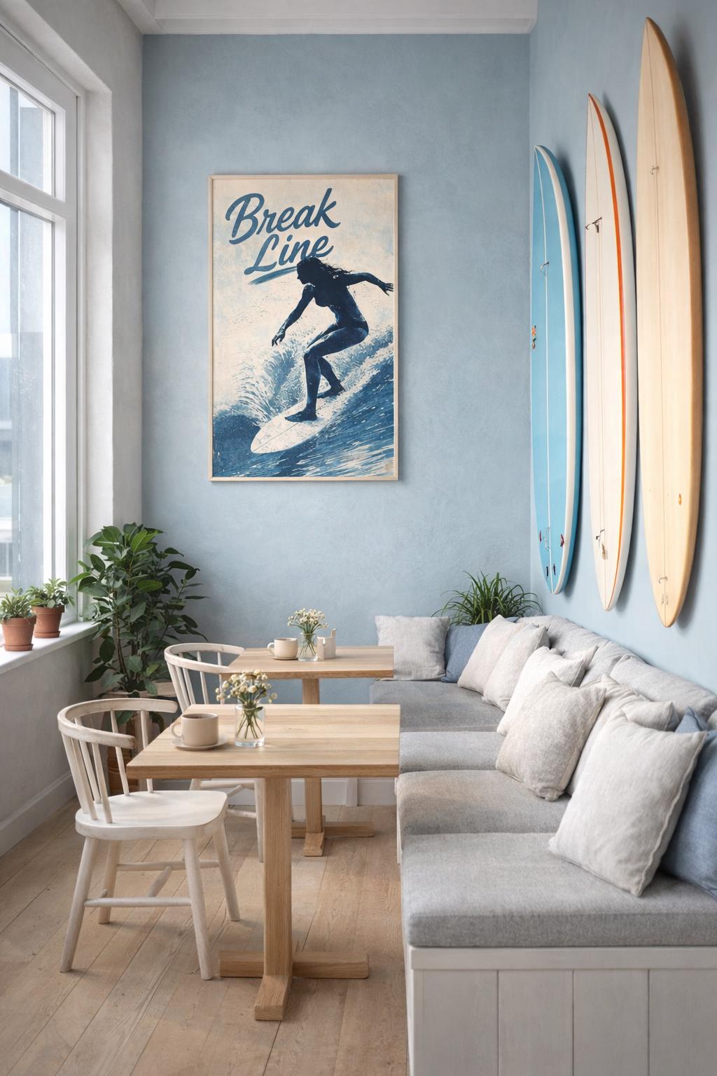 Surf Cafe in the daylight with boards on the wall and stunning artwork