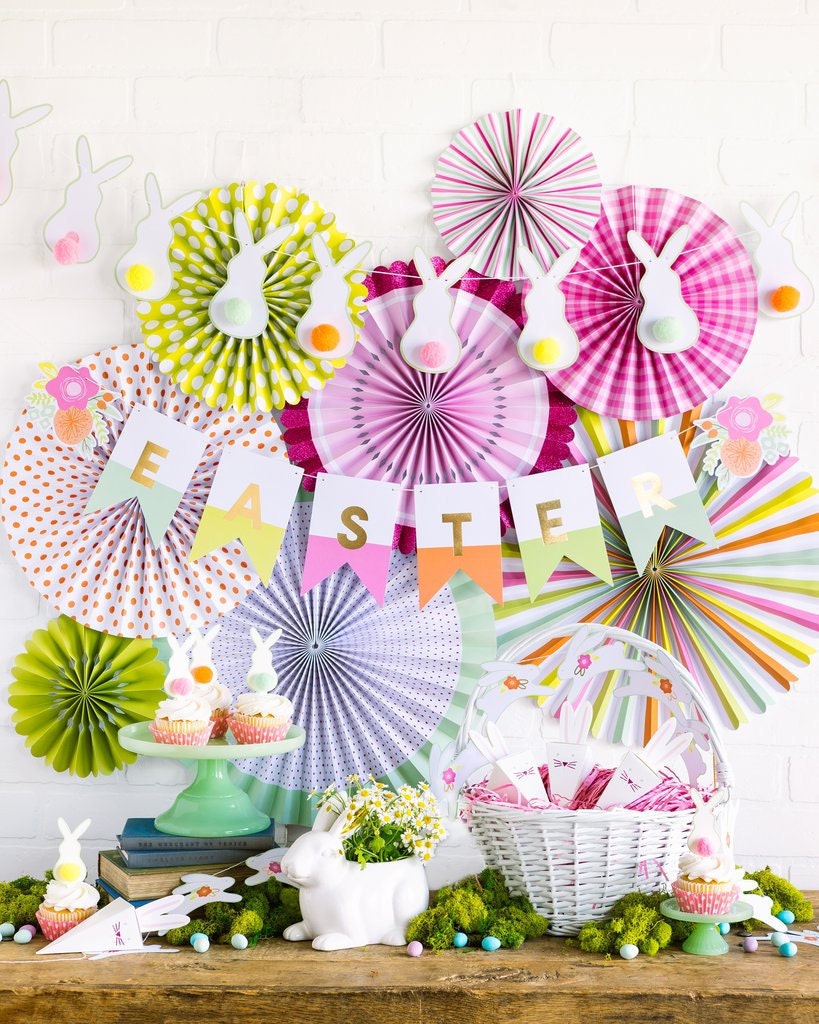 Easter banner in spring colors with bunny garland