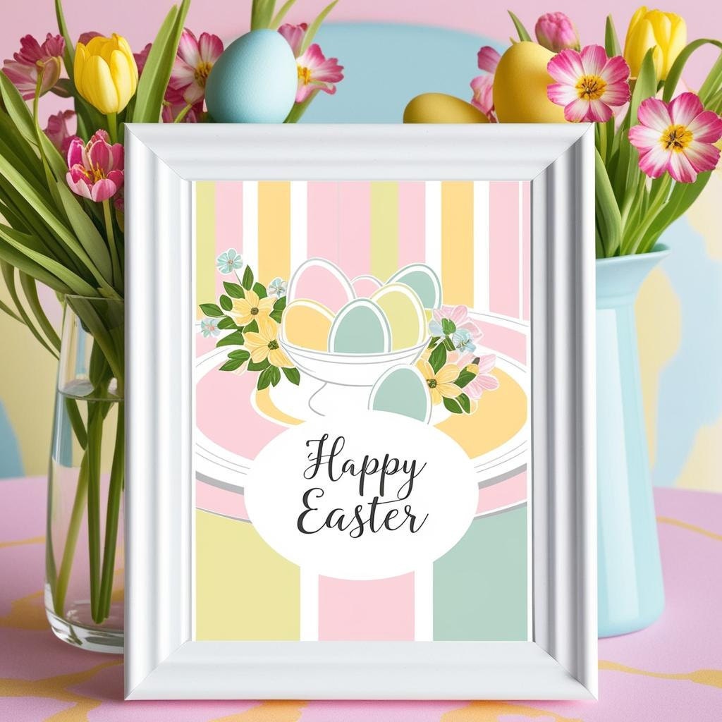 Framed printable Easter sign on a spring party table with pastel eggs and flowers.