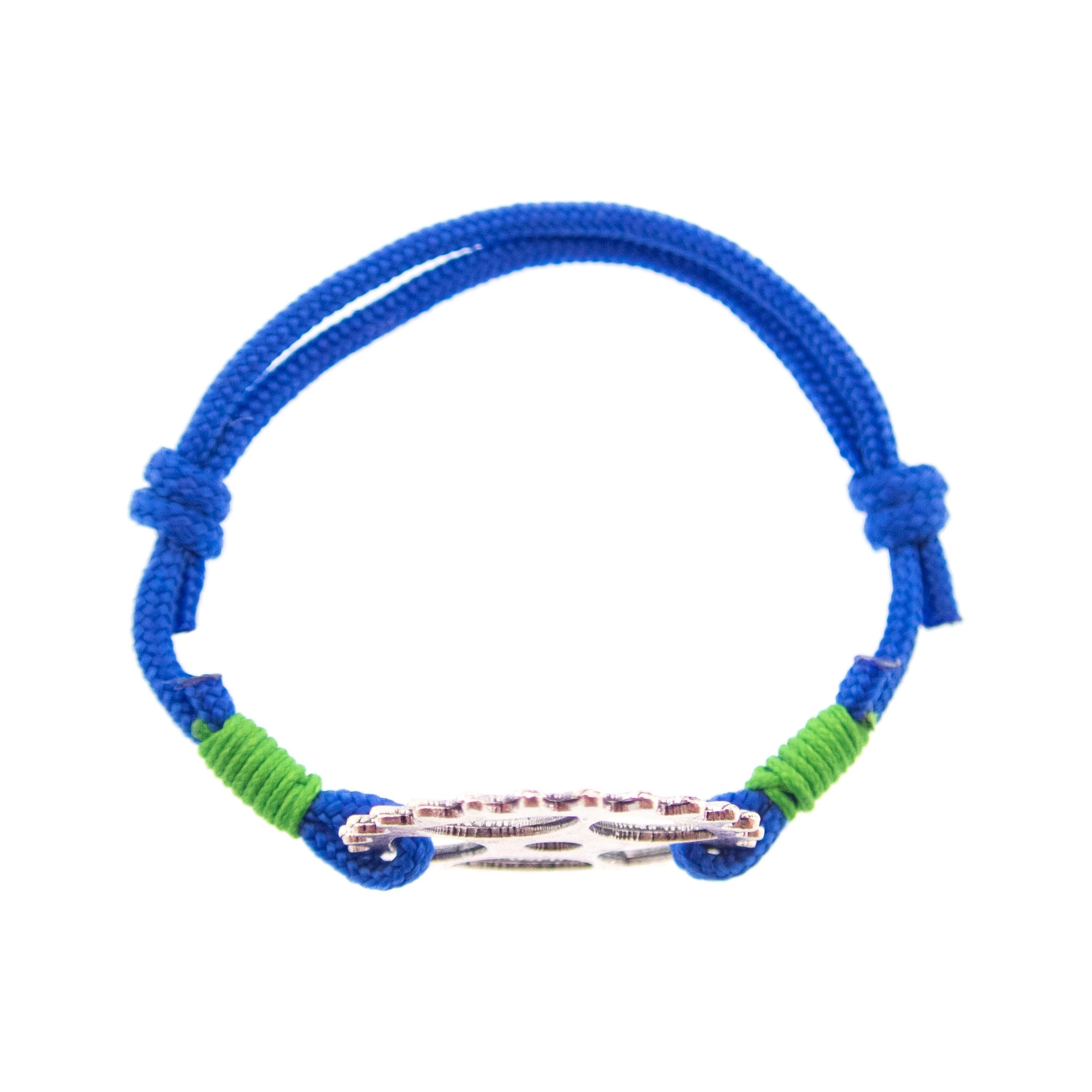 Handmade blue wrap bracelet for men and women featuring a durable rope cord and bike chain style ring, outdoor jewelry gift from Nadamlada.