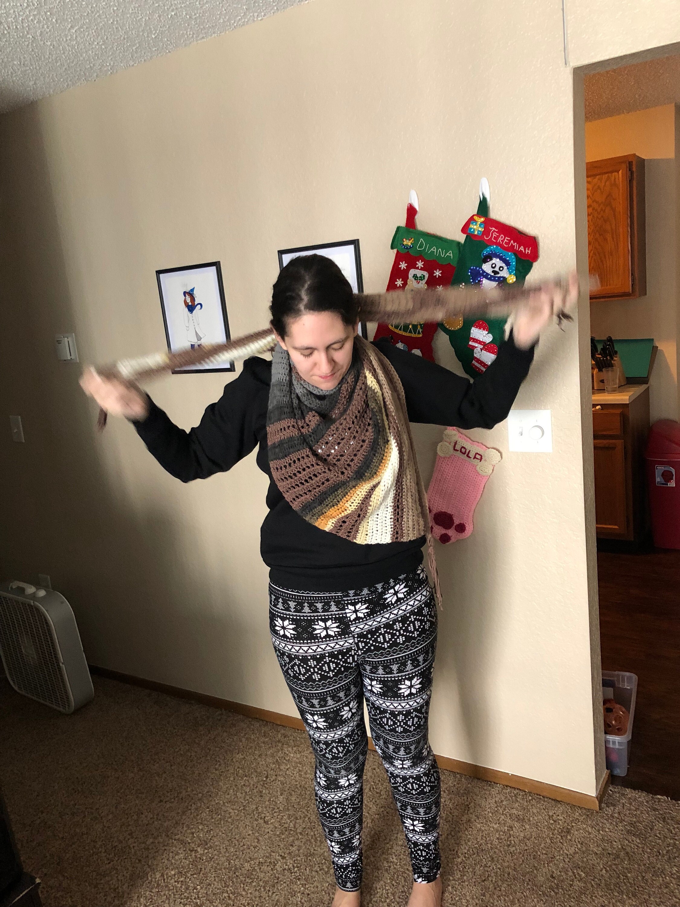 Woman wearing crochet scarf