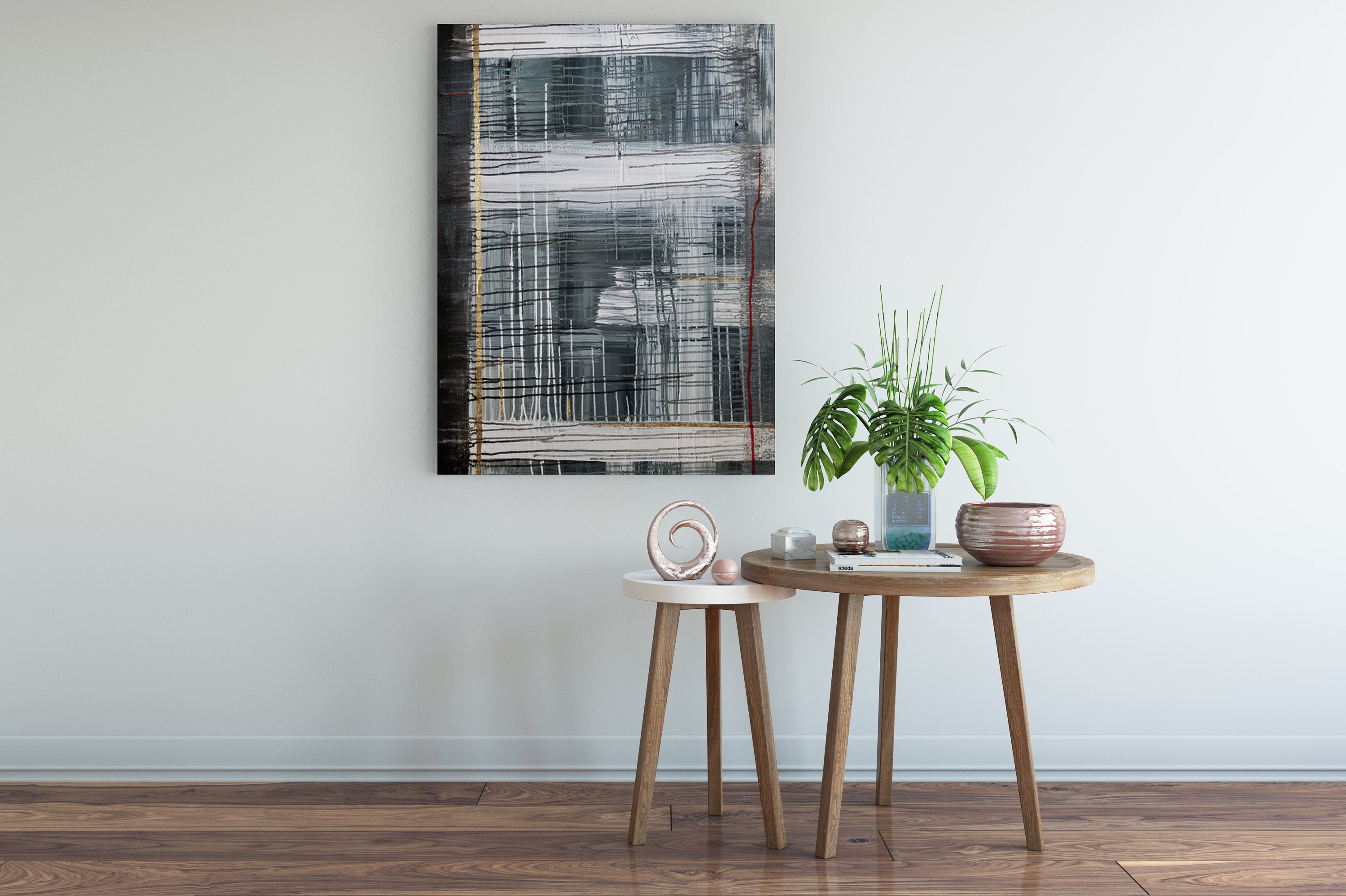 Acrylic Painting in deep dark greys and greens with white, red and gold stripes.  Perfect for Modern Home Decor
